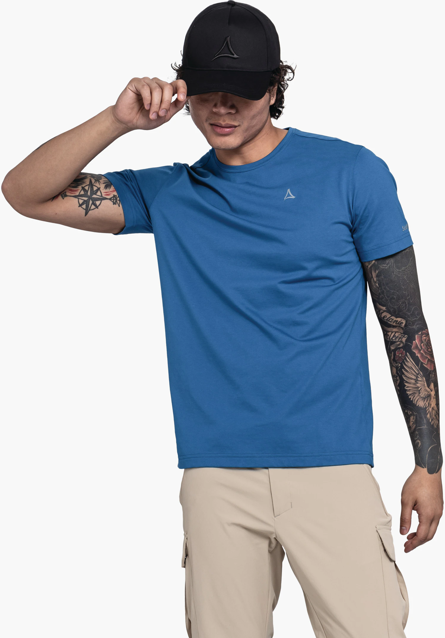 T Shirt Hohberg M features the subtle Schöffel logo on the left chest of the blue technical fabric, close-up shot against a neutral background.