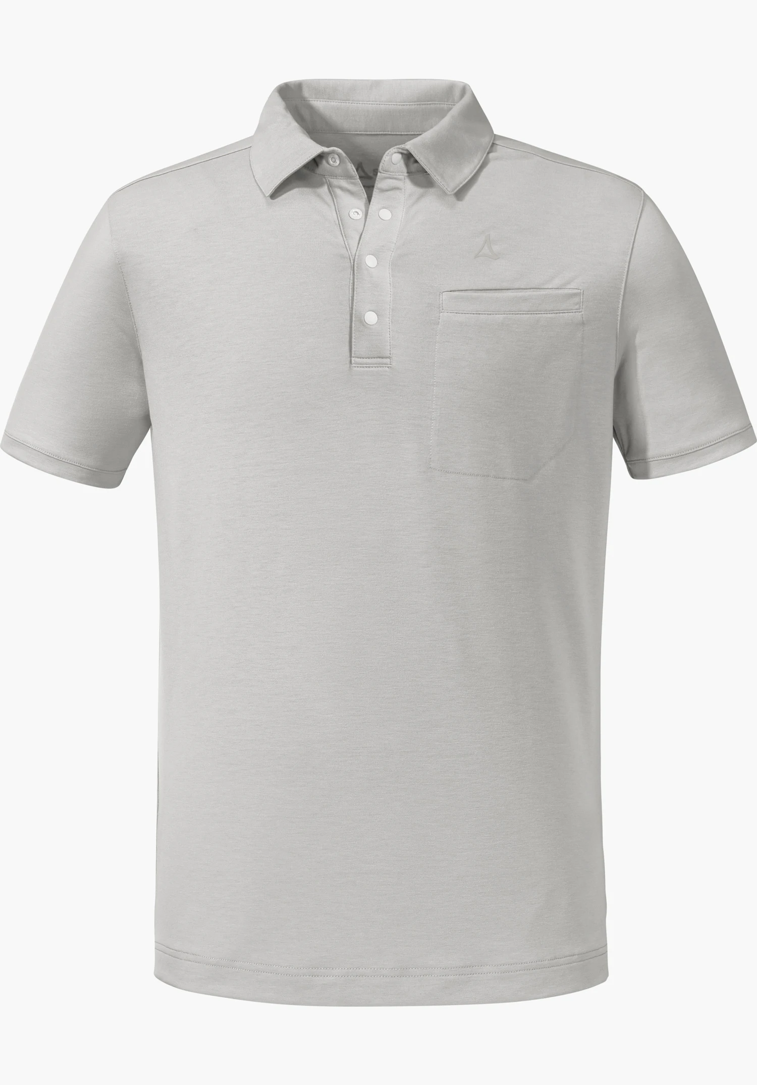 Polo Shirt Ramseck M in grey featuring short sleeves, a classic collar, button placket, chest pocket and subtle Schöffel logo, isolated on a white background.
