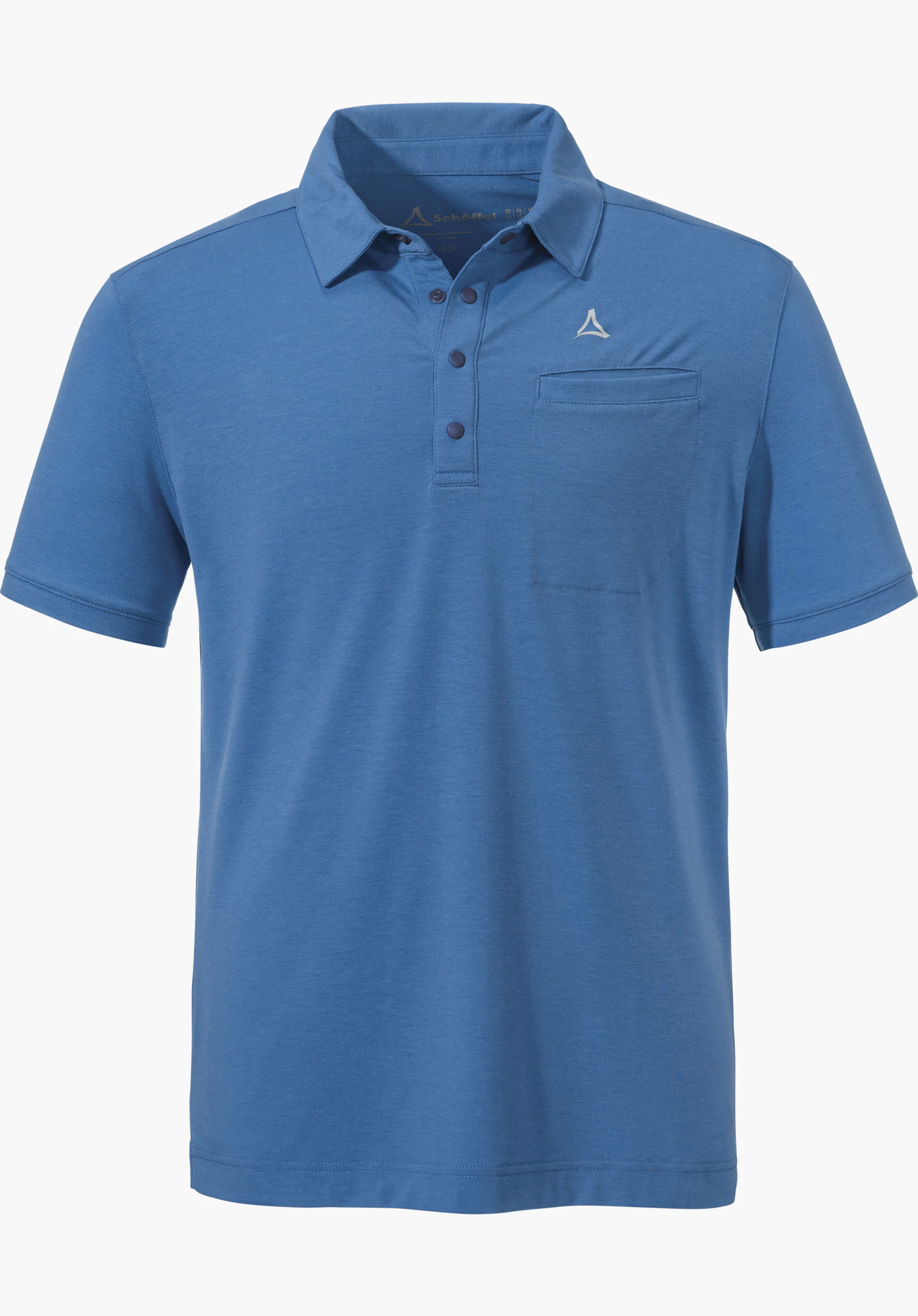 Polo Shirt Ramseck M in der Farbe Blau mit Kragen, kurzer Knopfleiste, einer kleinen Brusttasche und dem Schöffel-Logo auf der linken Brust, freigestellt vor weißem Hintergrund.