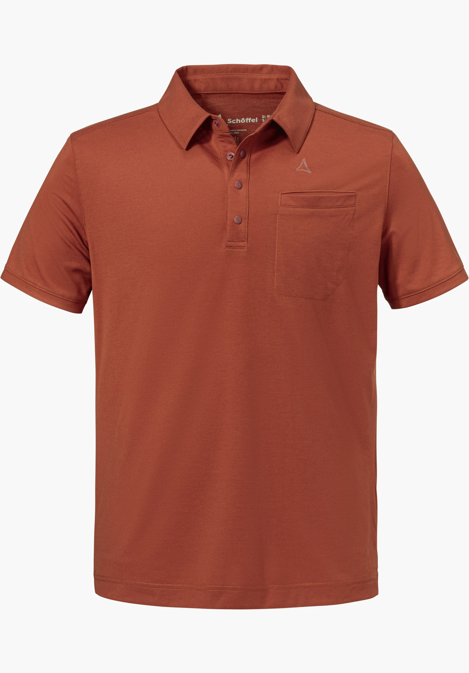 Polo Shirt Ramseck M en rouge avec une poche poitrine, une courte patte de boutonnage et le logo Schöffel discret sur la poitrine gauche, détouré sur fond blanc.