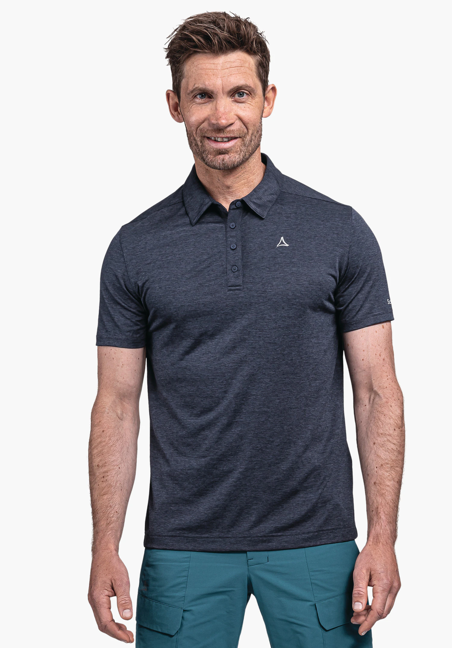 CIRC Polo Shirt Tauron M in blue: The model stands front-facing against a neutral background, wearing the polo shirt which features the Schöffel logo subtly on the chest.