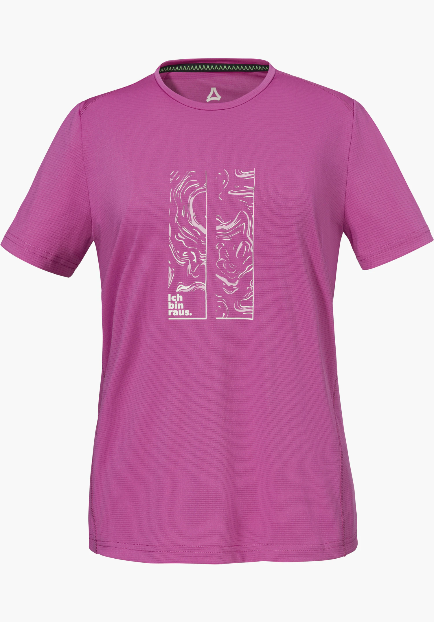 CIRC T Shirt Sulten L montre un t-shirt rose avec un imprimé graphique sur la poitrine et l'inscription "Ich bin raus." ainsi qu'un petit logo Schöffel à l'intérieur du col, détouré sur fond blanc.