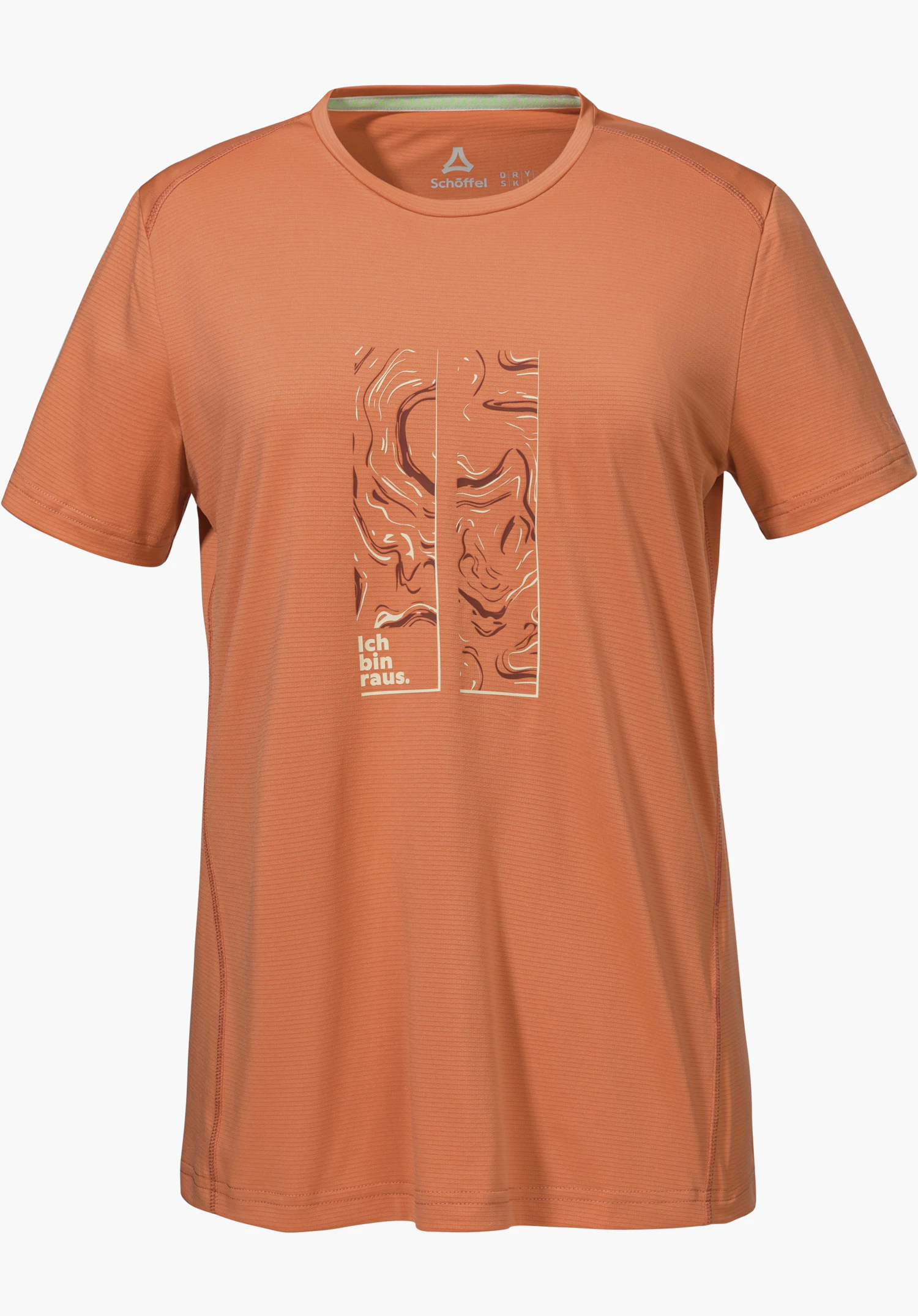 CIRC T Shirt Sulten L in oranje met een grafische print op de borst en het Schöffel-logo aan de binnenkant van de kraag, vrijstaand gemaakt tegen een witte achtergrond.