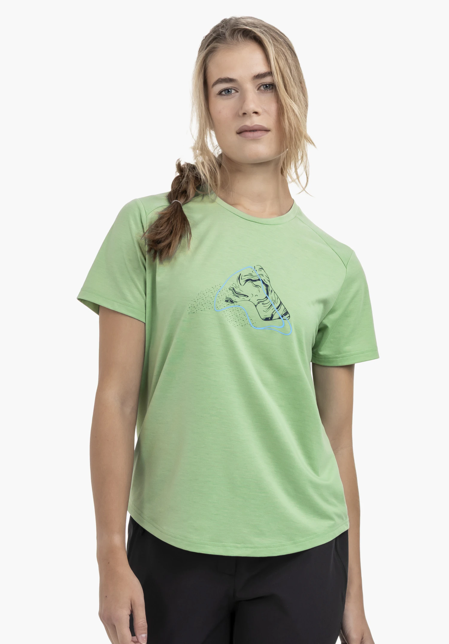 T Shirt Haberspitz L in green. The model stands front-facing, presenting the shirt with a graphic chest print against a neutral background.