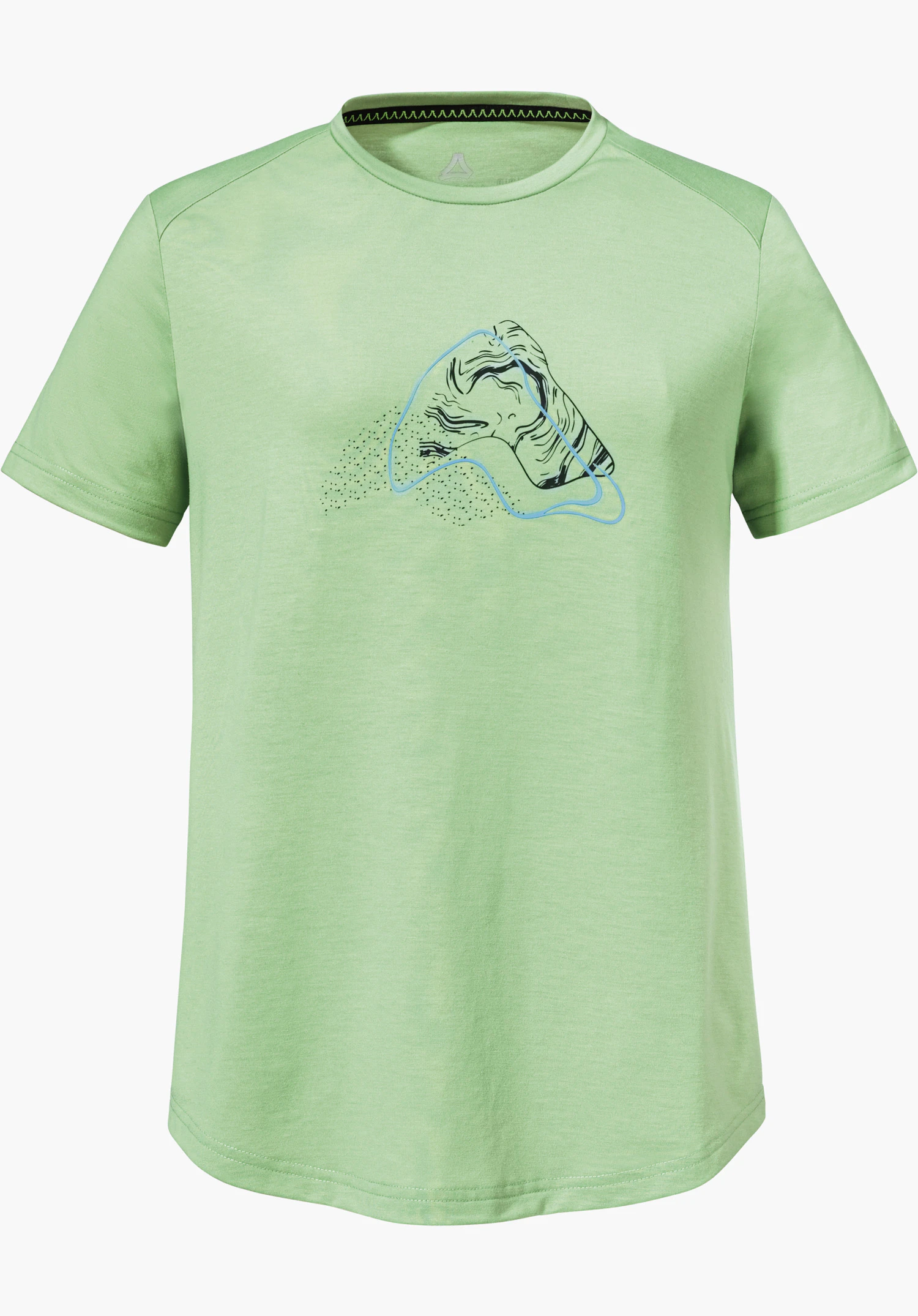 T Shirt Haberspitz L in green with an abstract graphic print on the chest, isolated on a white background.