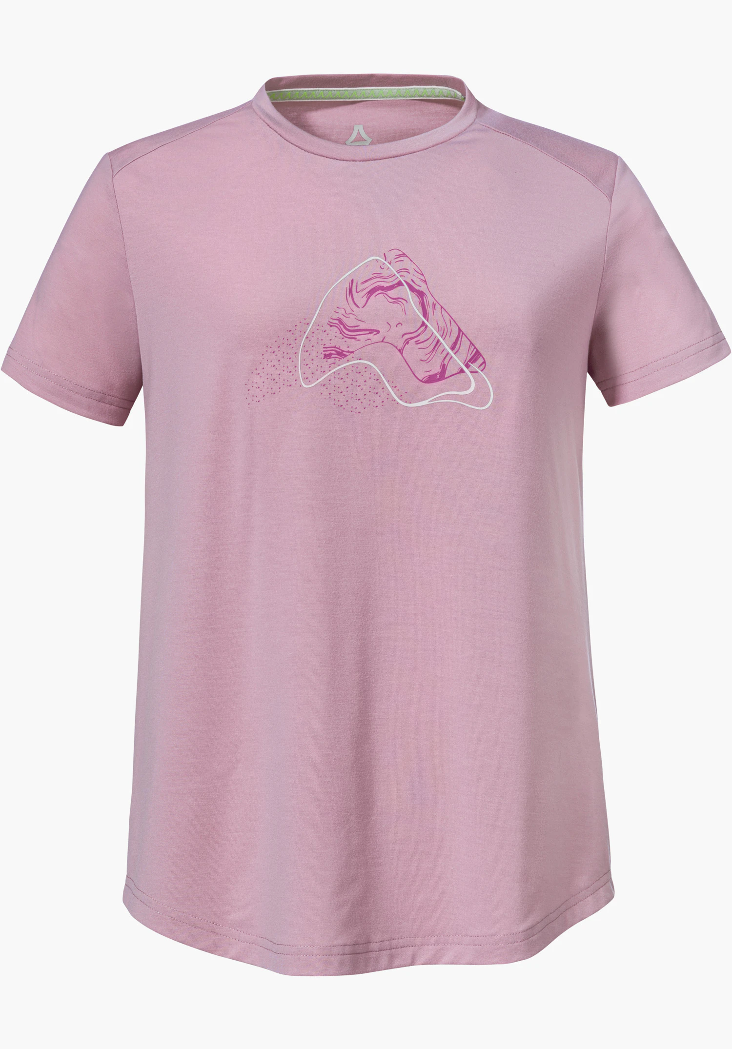 T Shirt Haberspitz L en rose avec un motif de montagne stylisé sur la poitrine et le logo Schöffel à l'intérieur du col, détouré sur fond blanc.
