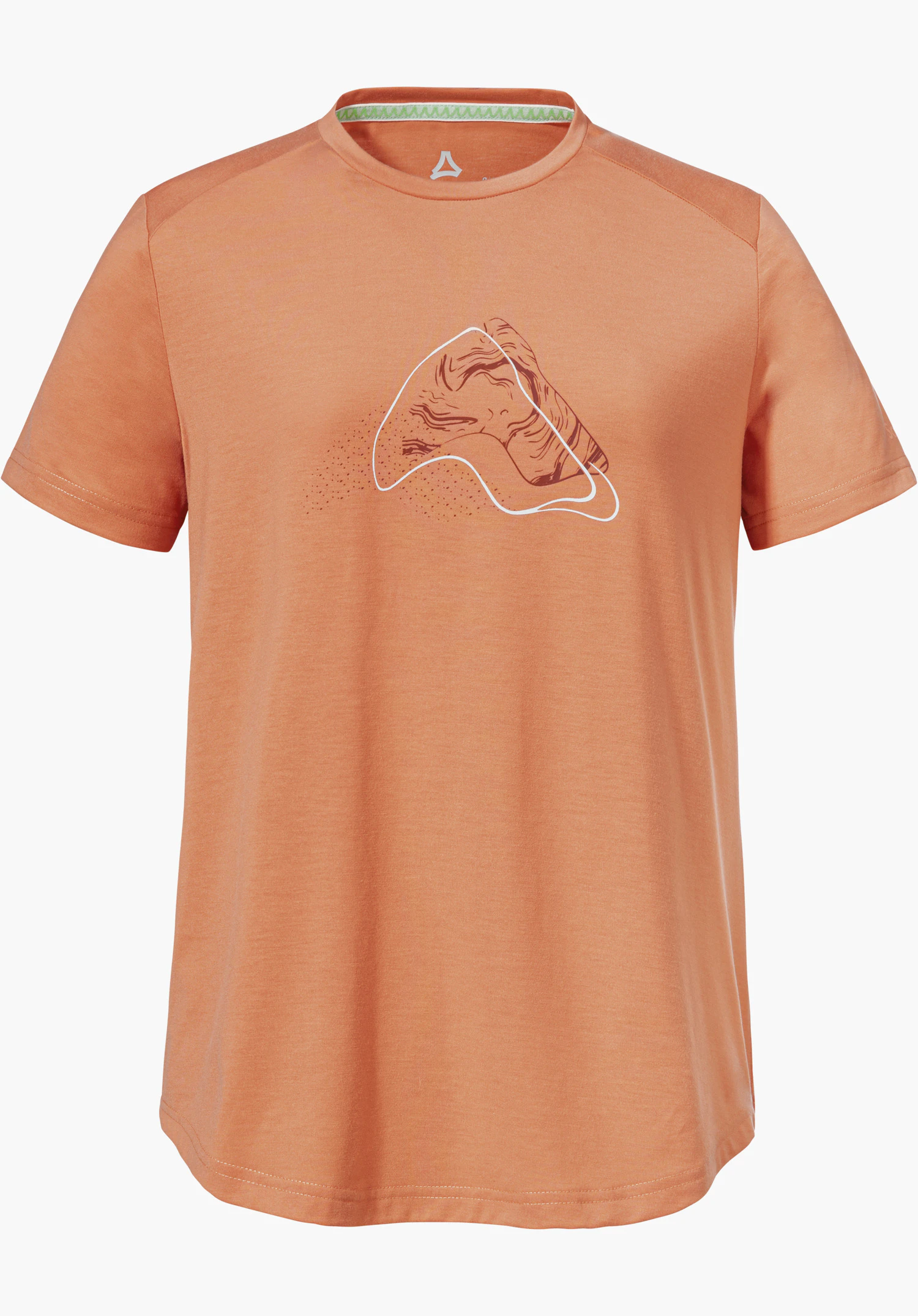 T Shirt Haberspitz L in the colour orange with an abstract front print and a small Schöffel logo at the neckline, isolated against a white background.