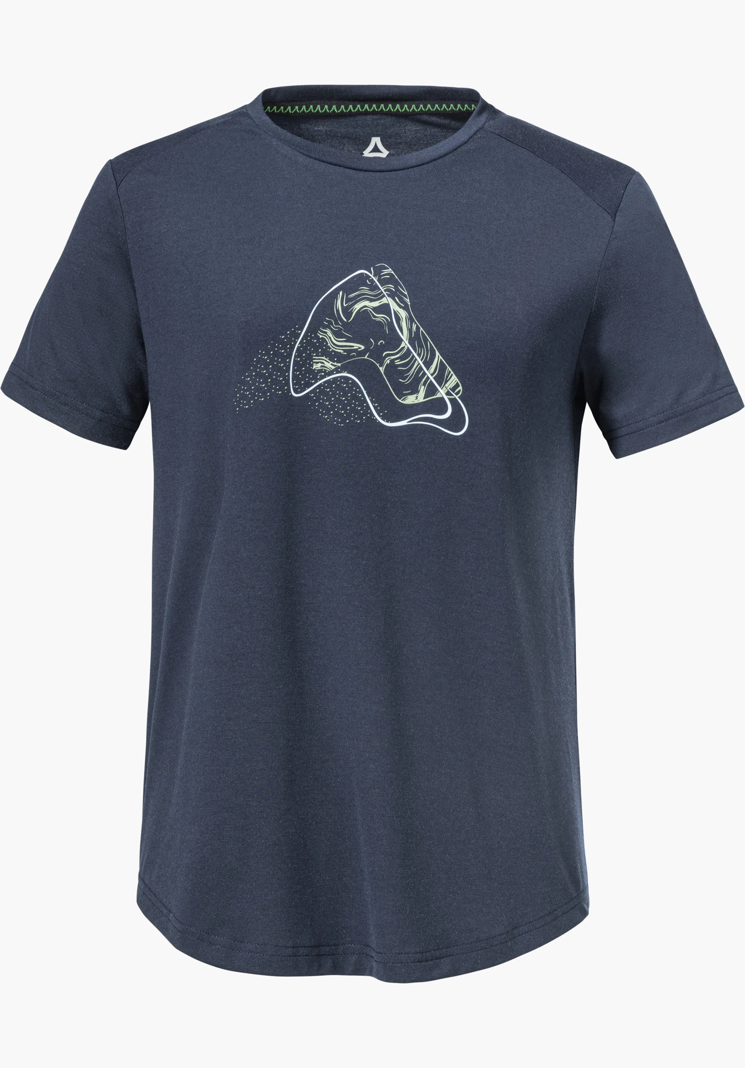 T Shirt Haberspitz L in blue with a graphic print on the chest and a visible Schöffel logo on the inside of the neck, isolated against a white background.