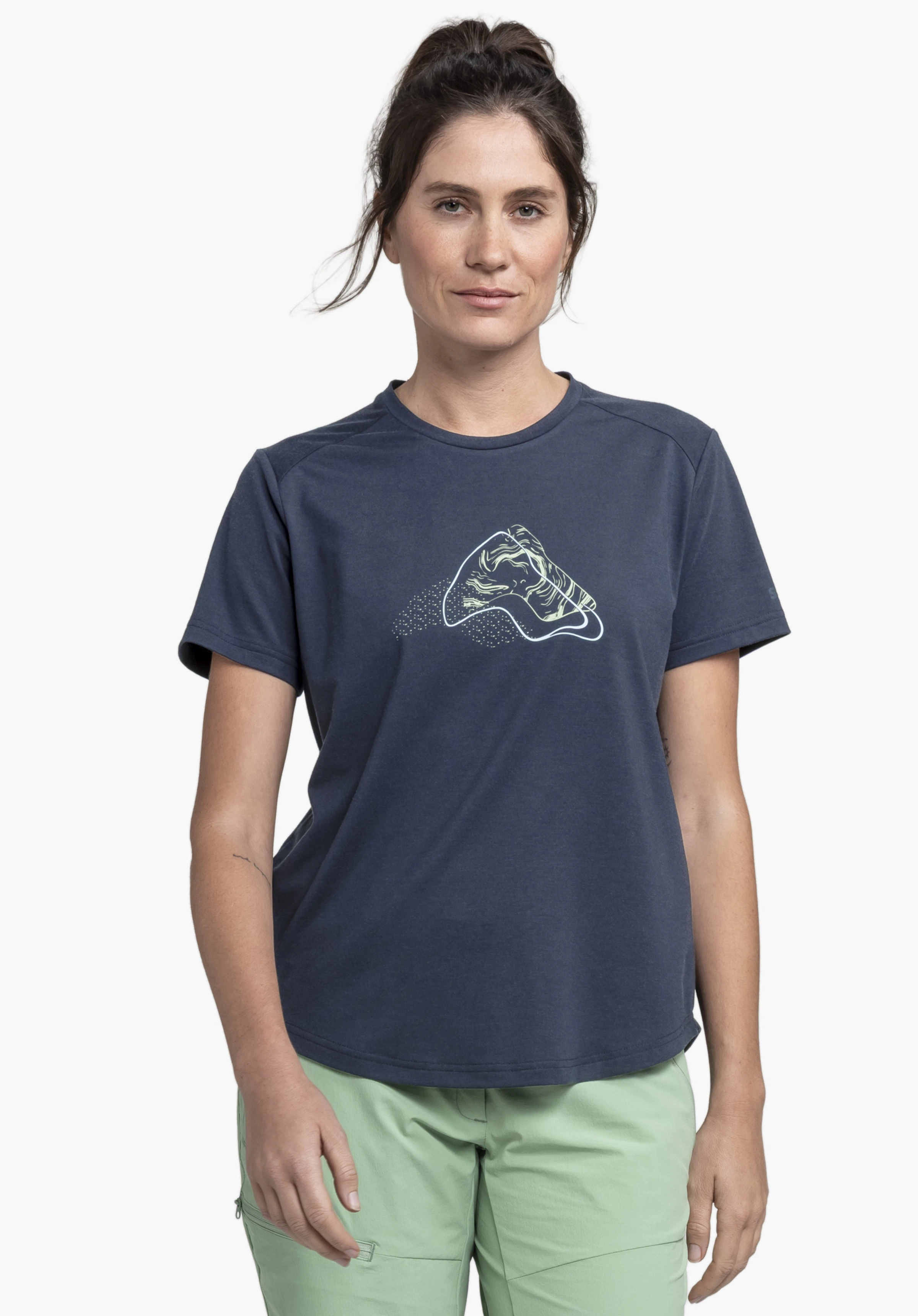T Shirt Haberspitz L. The model stands frontally and wears the blue t-shirt with a graphic chest print against a neutral background.