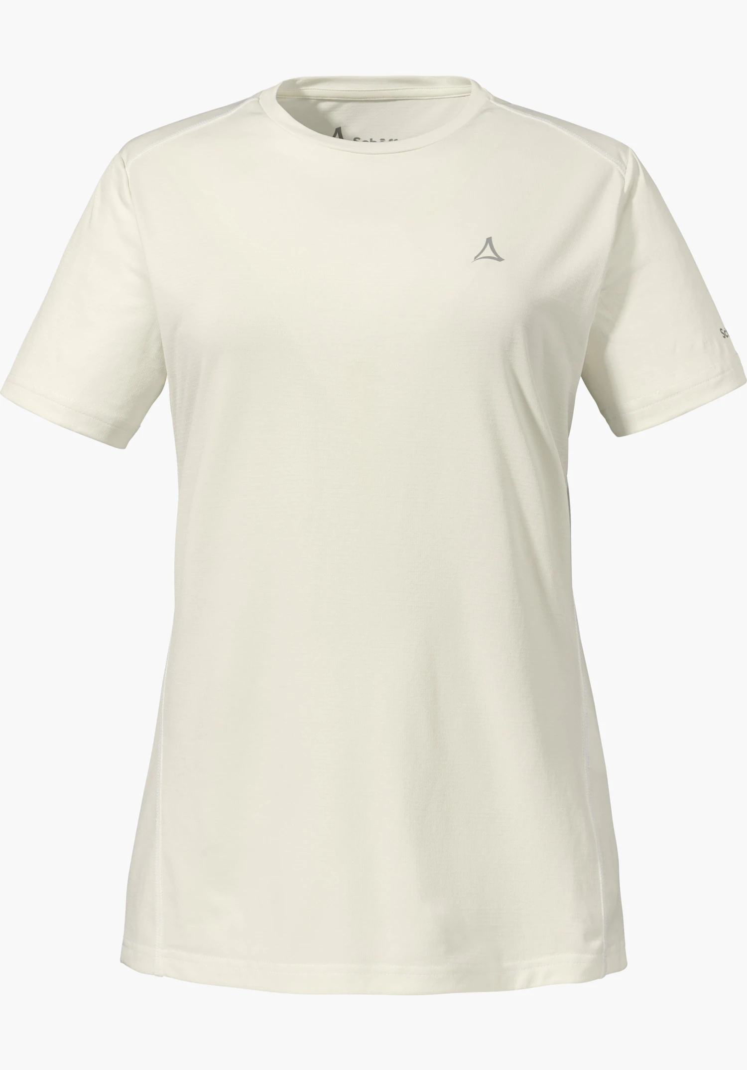 CIRC T Shirt Tauron L Weißes Kurzarm-T-Shirt, frontal präsentiert; schlichtes Design mit kleinem Schöffel-Logo links auf der Brust, freigestellt auf hellem Hintergrund. Schriftzug: "Schöffel" (Ärmel), "Schöffel" (Kragen).