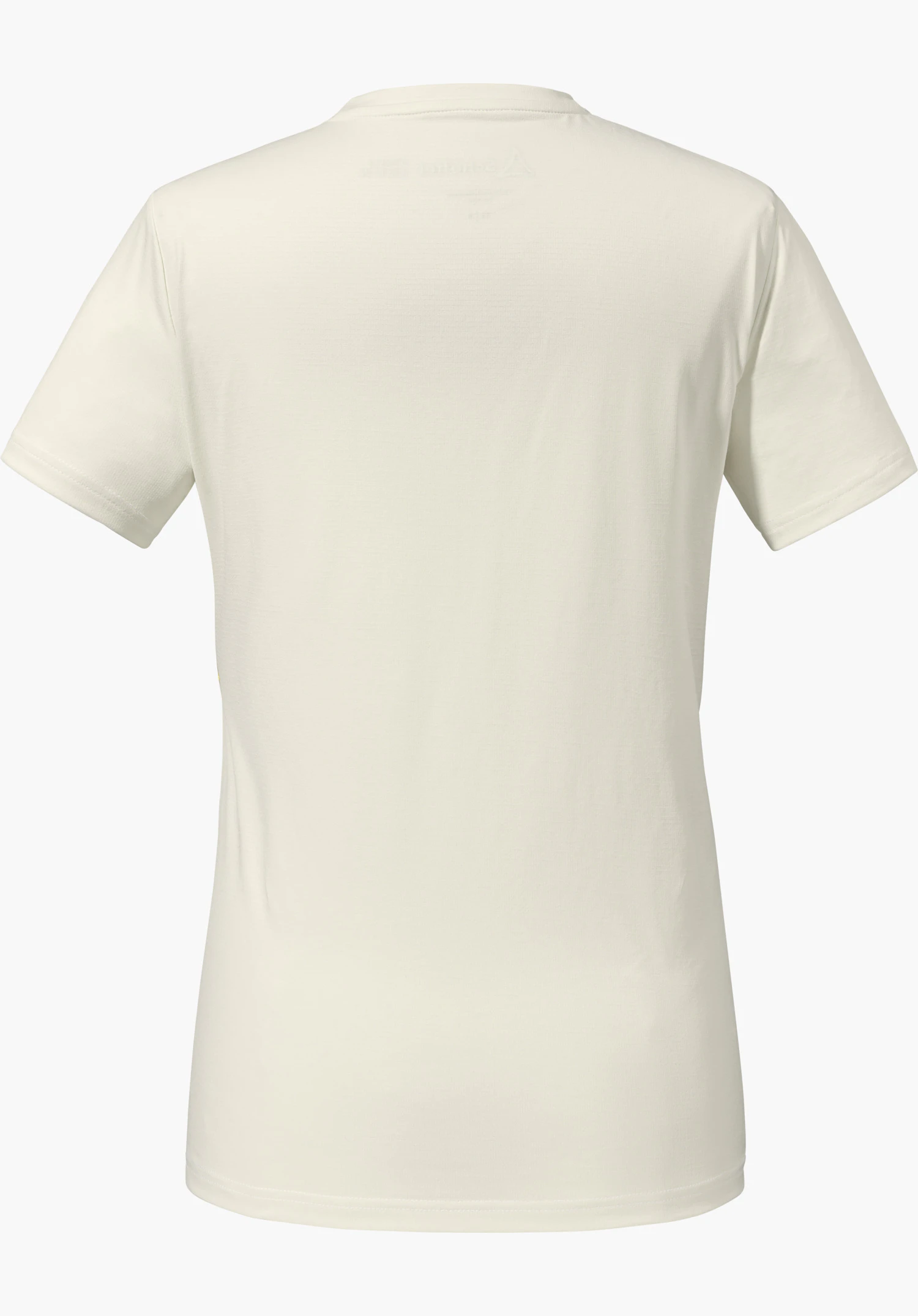 CIRC T Shirt Tauron L weißes T-Shirt, Rückenansicht, liegt flach; leicht sichtbares Schöffel-Logo innen am Kragen; kurze Ärmel vor neutralem hellen Hintergrund.