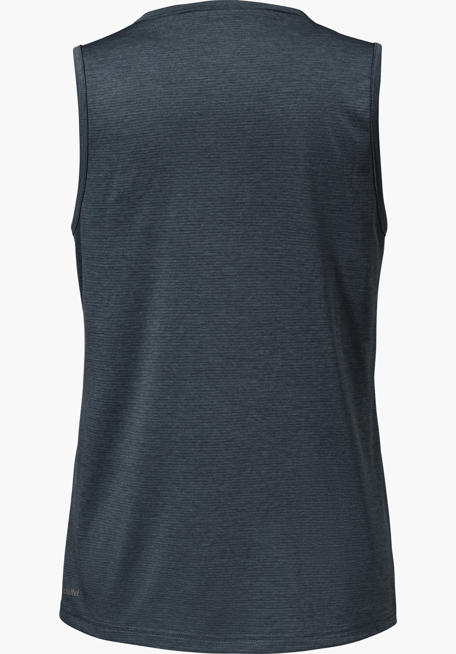 CIRC Top Tauron L in het blauw, achteraanzicht van de mouwloze top met een klein Schöffel-logo op de onderste zoom, vrijstaand tegen een witte achtergrond.