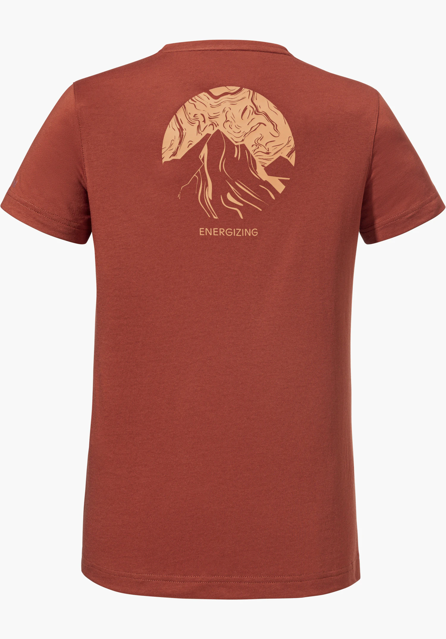 T Shirt Buchberg L in red shows the back with a graphic mountain print and the lettering ENERGIZING, isolated against a white background.