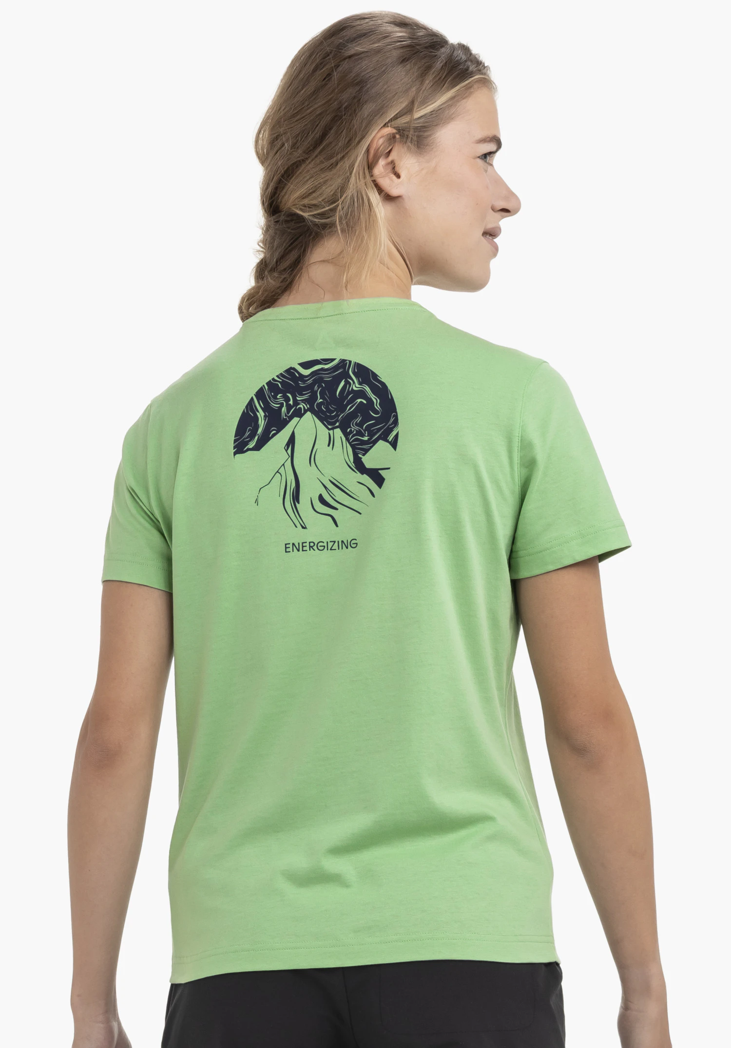 T Shirt Buchberg L in green is shown in a rear view against a neutral background. The model wears the shirt, highlighting the high-quality print on the back. A subtle Schöffel logo completes the modern look.
