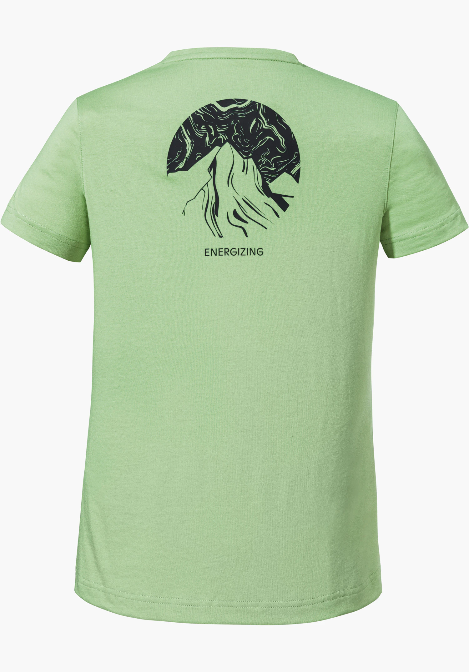 T Shirt Buchberg L in green, shows the back with a black graphic print and the lettering 'ENERGIZING', isolated on a white background.