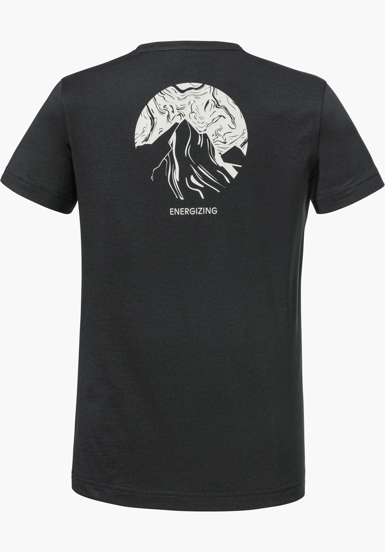 T Shirt Buchberg L in black shows the back with a circular mountain motif and the text "ENERGIZING", isolated against a white background.