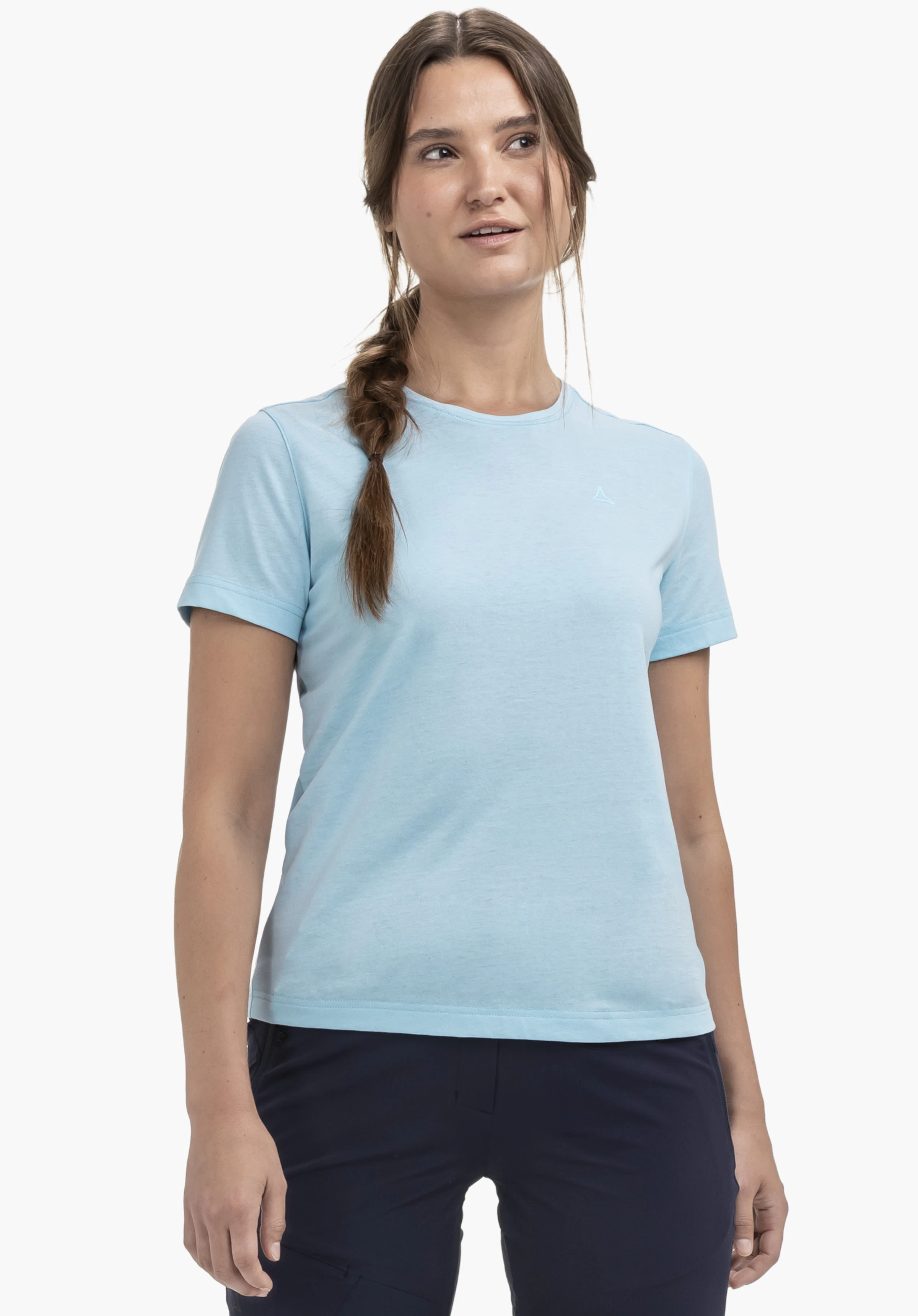 T Shirt Hohberg L on a model standing in a frontal pose. The blue t-shirt features a small Schöffel logo on the chest and is presented against a neutral background.