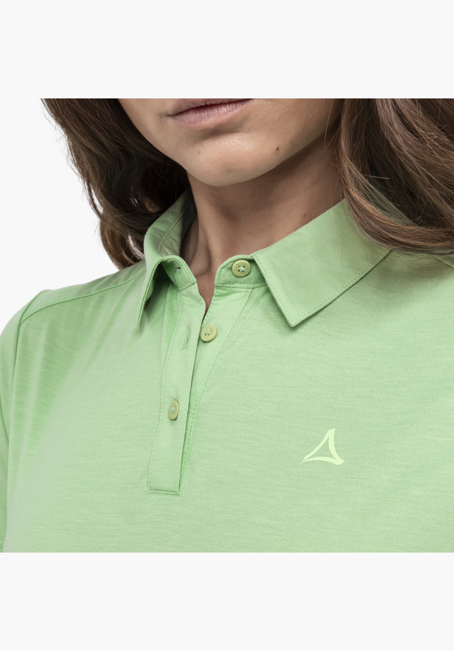 Polo Shirt Ramseck L, showing the fine green fabric texture, classic polo collar, button placket with matching buttons and the Schöffel logo on the chest. Close-up shot against a white/neutral background.