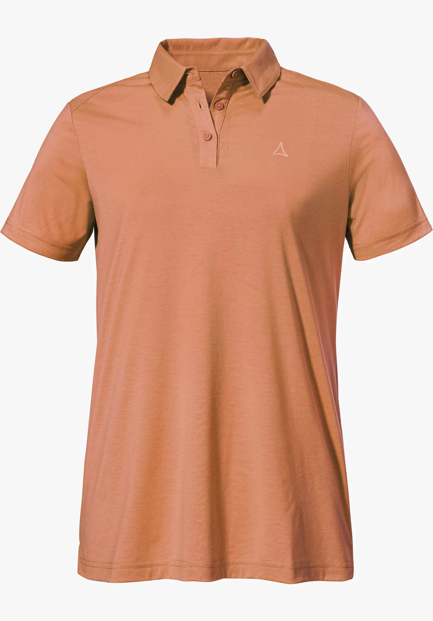 Polo Shirt Ramseck L in orange with short sleeves, a collar, button placket and Schöffel logo on the left chest, isolated on a white background.