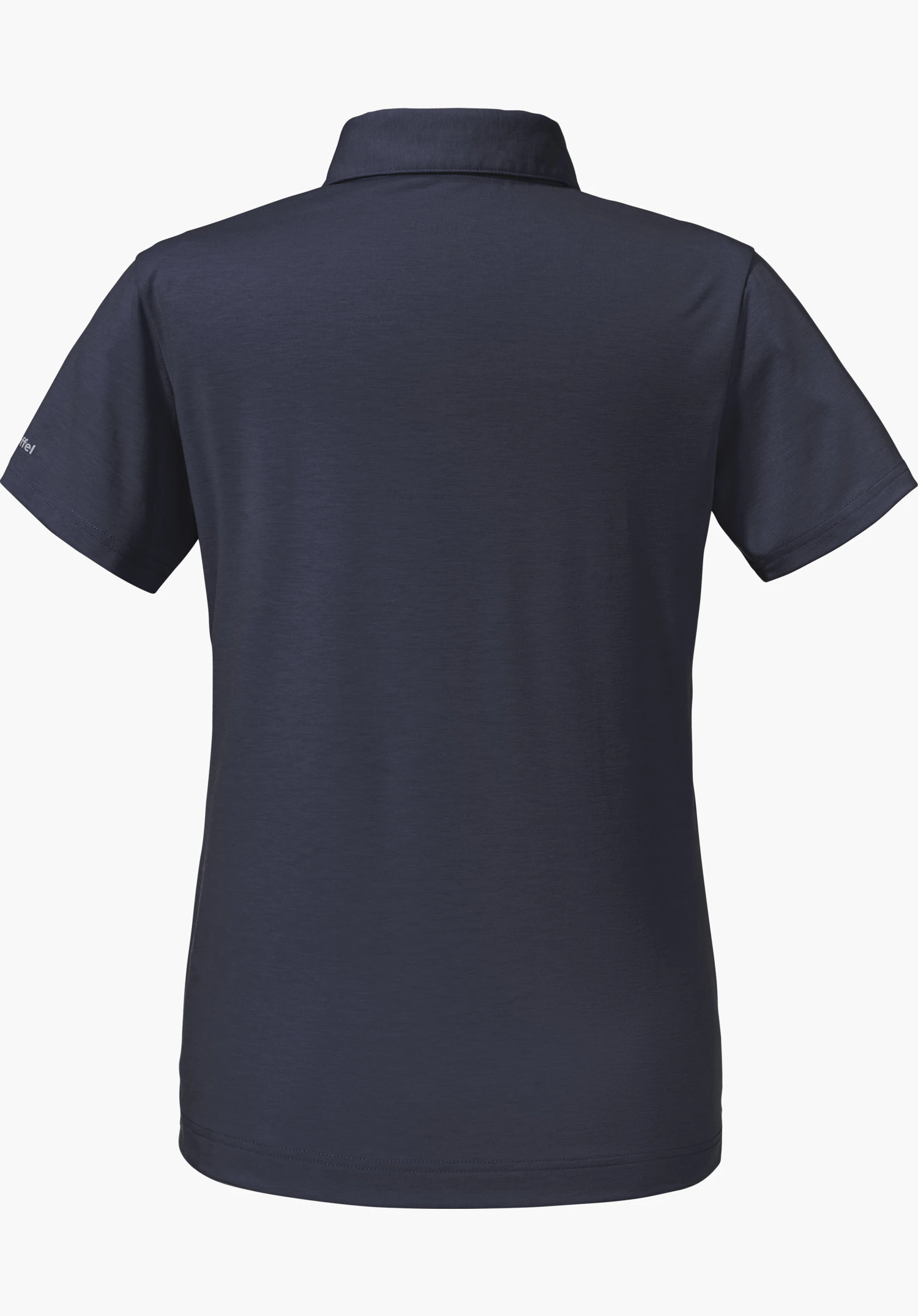 Polo Shirt Ramseck L in Blau, Rückansicht mit kurzen Ärmeln und einem Schöffel-Logo auf dem linken Ärmel, freigestellt vor weißem Hintergrund.