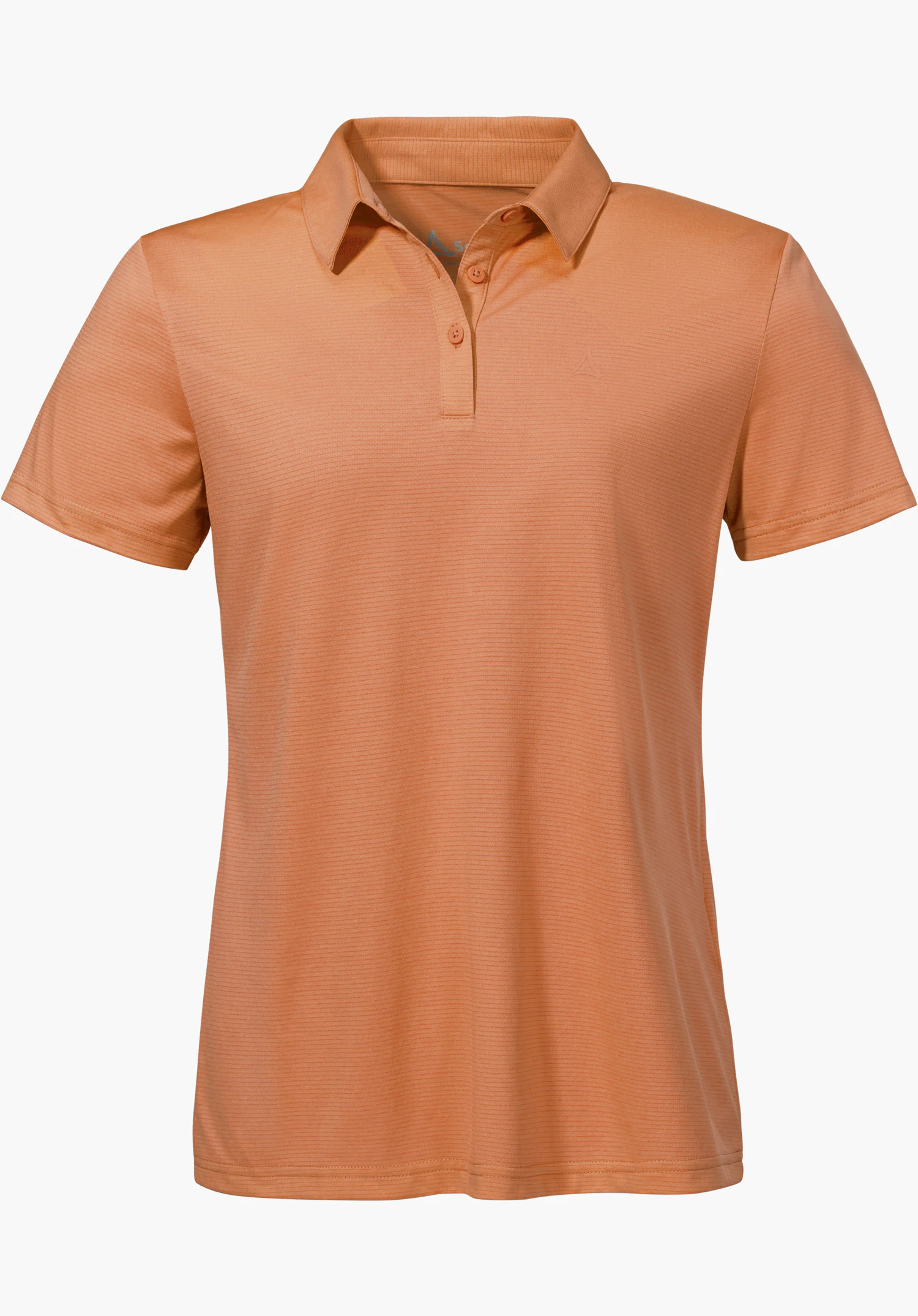 CIRC Polo Shirt Tauron L in Orange mit feiner Textur, kurzer Knopfleiste und dezentem Schöffel-Logo auf der linken Brust, freigestellt vor weißem Hintergrund.