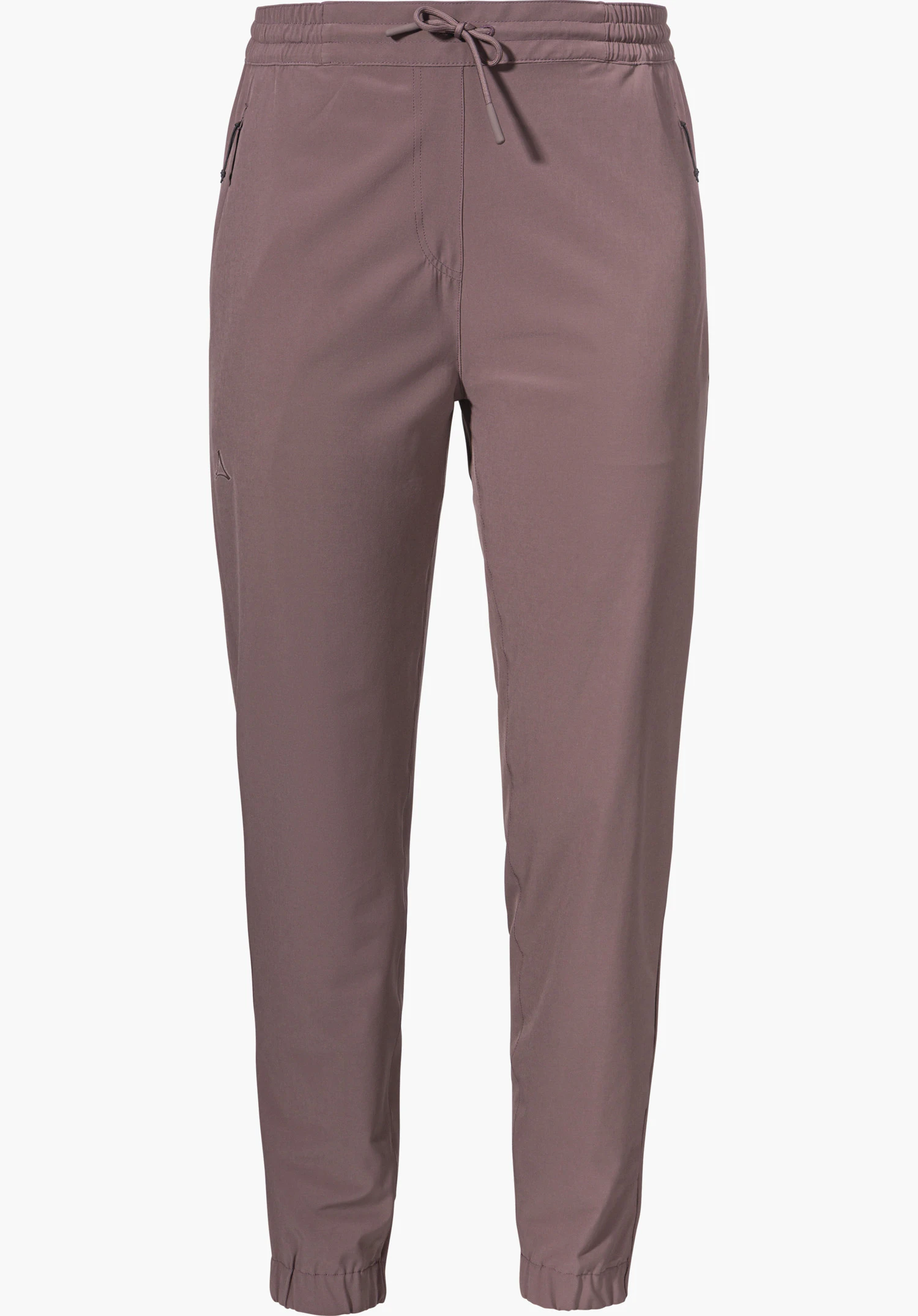 Pants Vienna L als braune Hose mit elastischem Bund, Kordelzug und Schöffel-Logo auf dem Oberschenkel, freigestellt vor weißem Hintergrund.