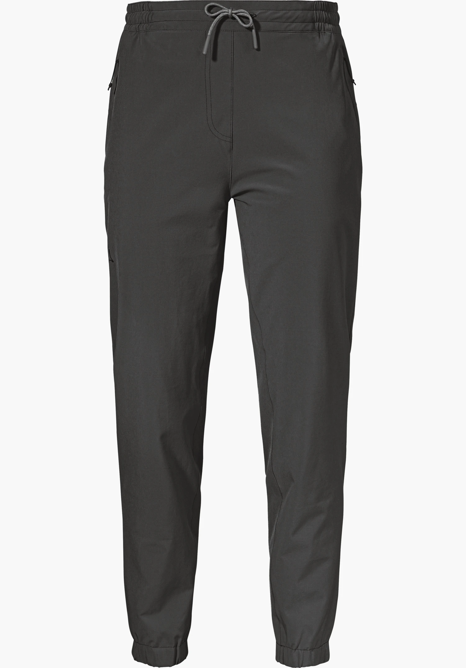 Pants Vienna L in der Farbe Schwarz, mit elastischem Bund, Kordelzug und dezentem Schöffel-Logo an der Seite, freigestellt vor weißem Hintergrund.