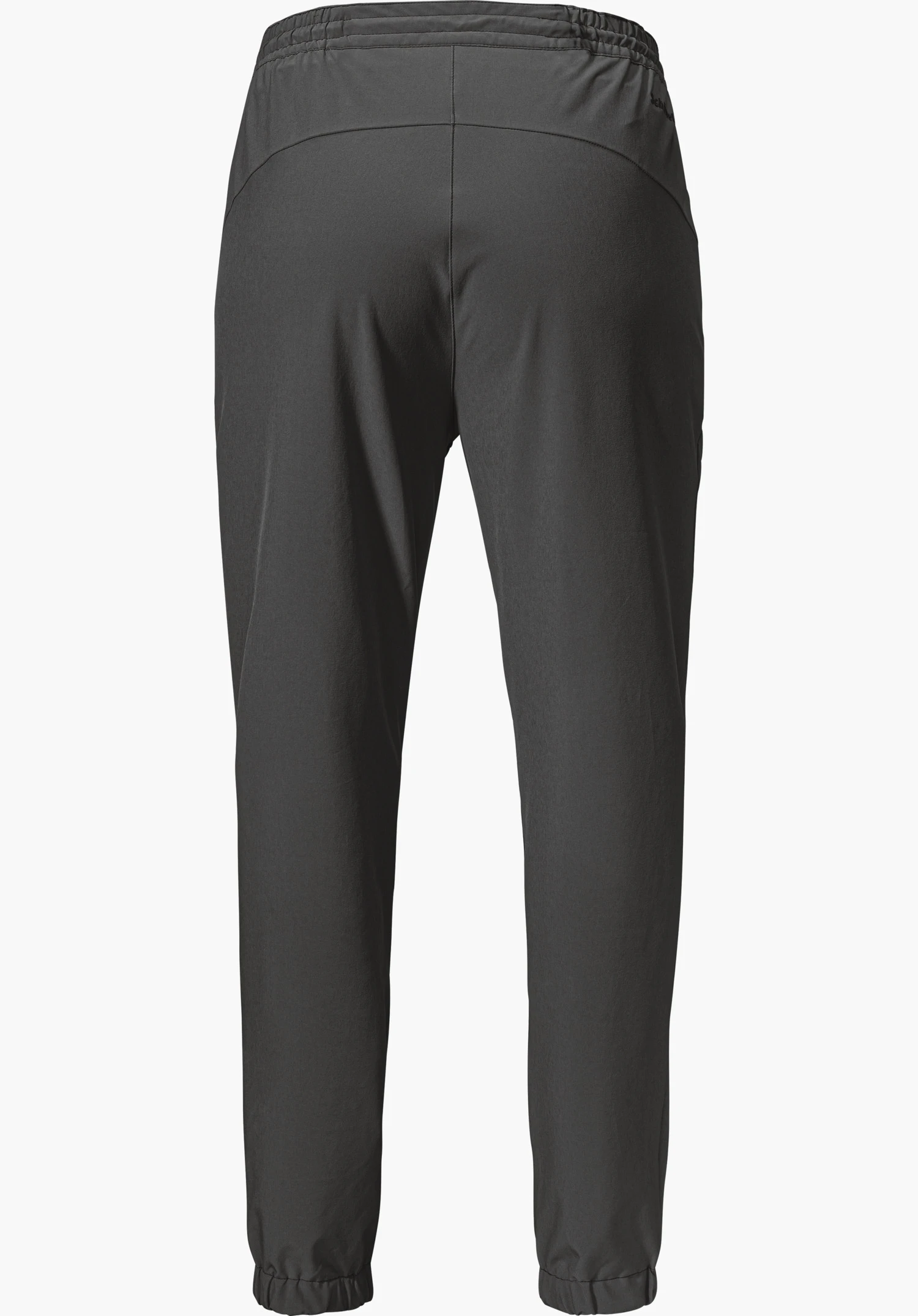 Pants Vienna L in Schwarz, gezeigt in der Rückansicht mit elastischem Bund und dezentem Schöffel-Logo auf der rechten Seite, freigestellt vor weißem Hintergrund.