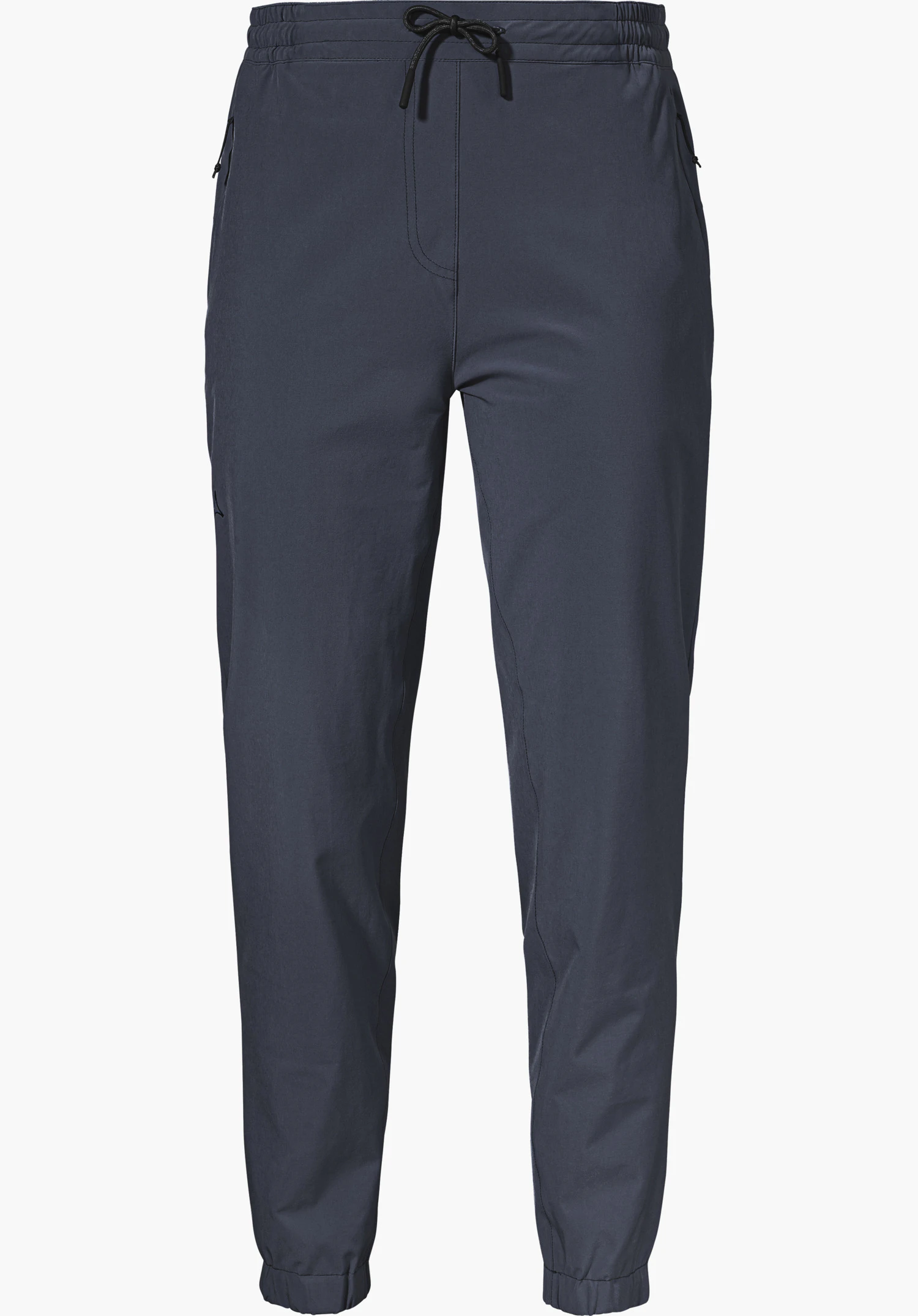Pants Vienna L en bleu avec taille élastique, cordon de serrage et logo Schöffel sur la jambe gauche, détouré sur fond blanc.