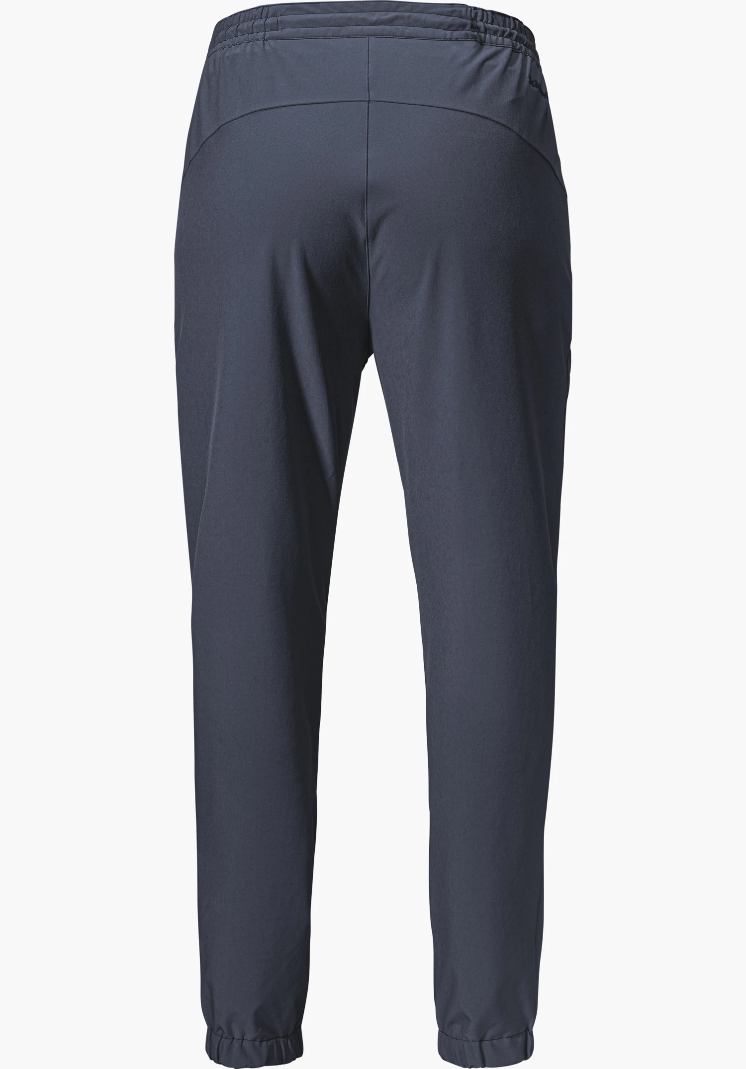 Pants Vienna L en bleu présente la vue arrière avec une ceinture élastique et un discret logo Schöffel, freigestellt vor weißem Hintergrund.