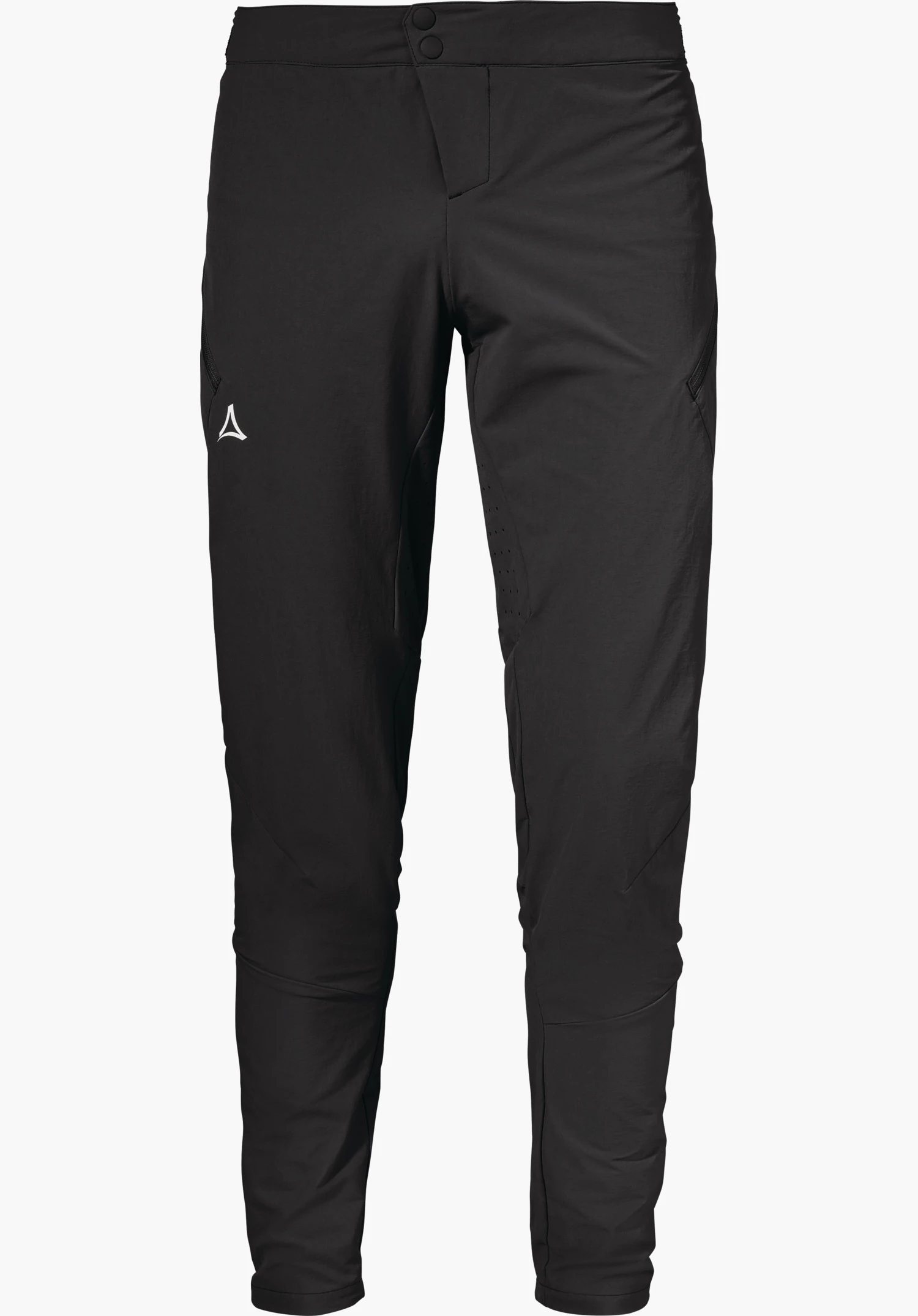 Pants Arosa M pantalon cycliste noir, coupe slim, présenté de face; ceinture avec deux boutons-pression, poches latérales, empiècements perforés sur les cuisses, logo Schöffel blanc à gauche, sur fond blanc.