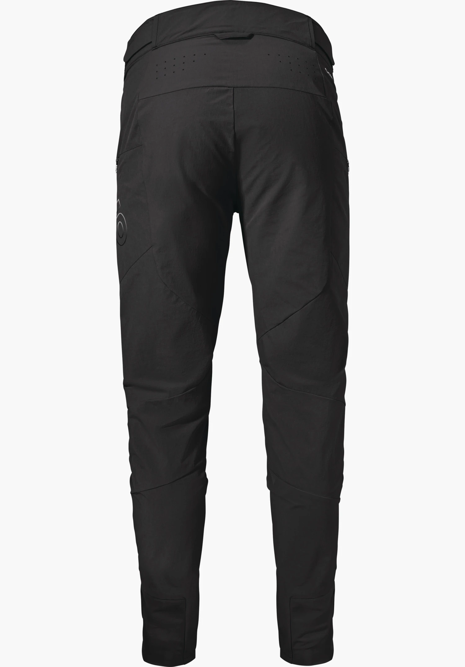 Pants Arosa M Pantalon outdoor noir, vu de dos; ceinture perforée, poches zippées latérales, genoux préformés, jambe étroite; petit logo rond sur la cuisse gauche; fond blanc.