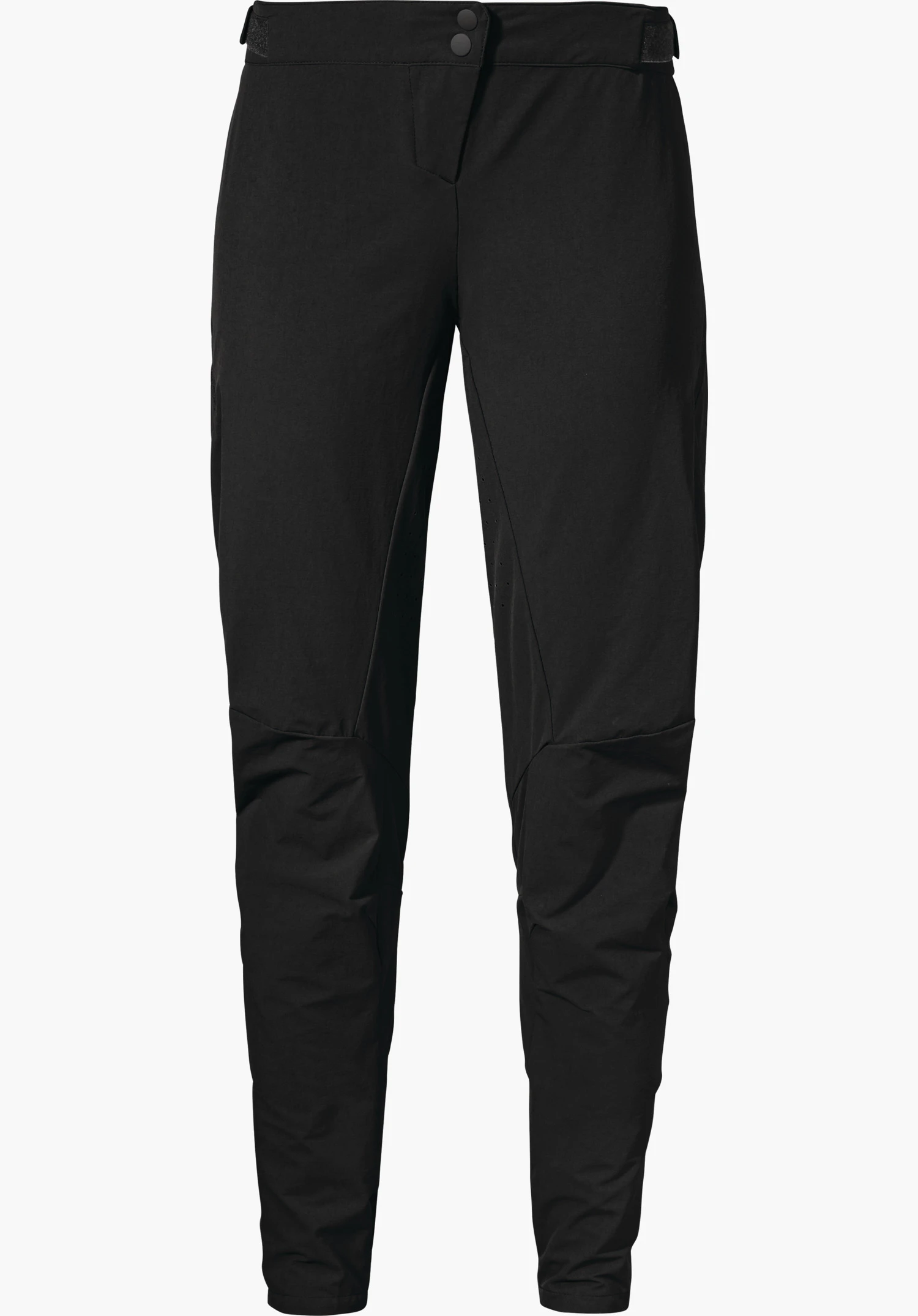 Pants Arosa L black cycling trousers, free-standing on a white background, with shaped waistband and two press studs, knee darts and tapered legs.