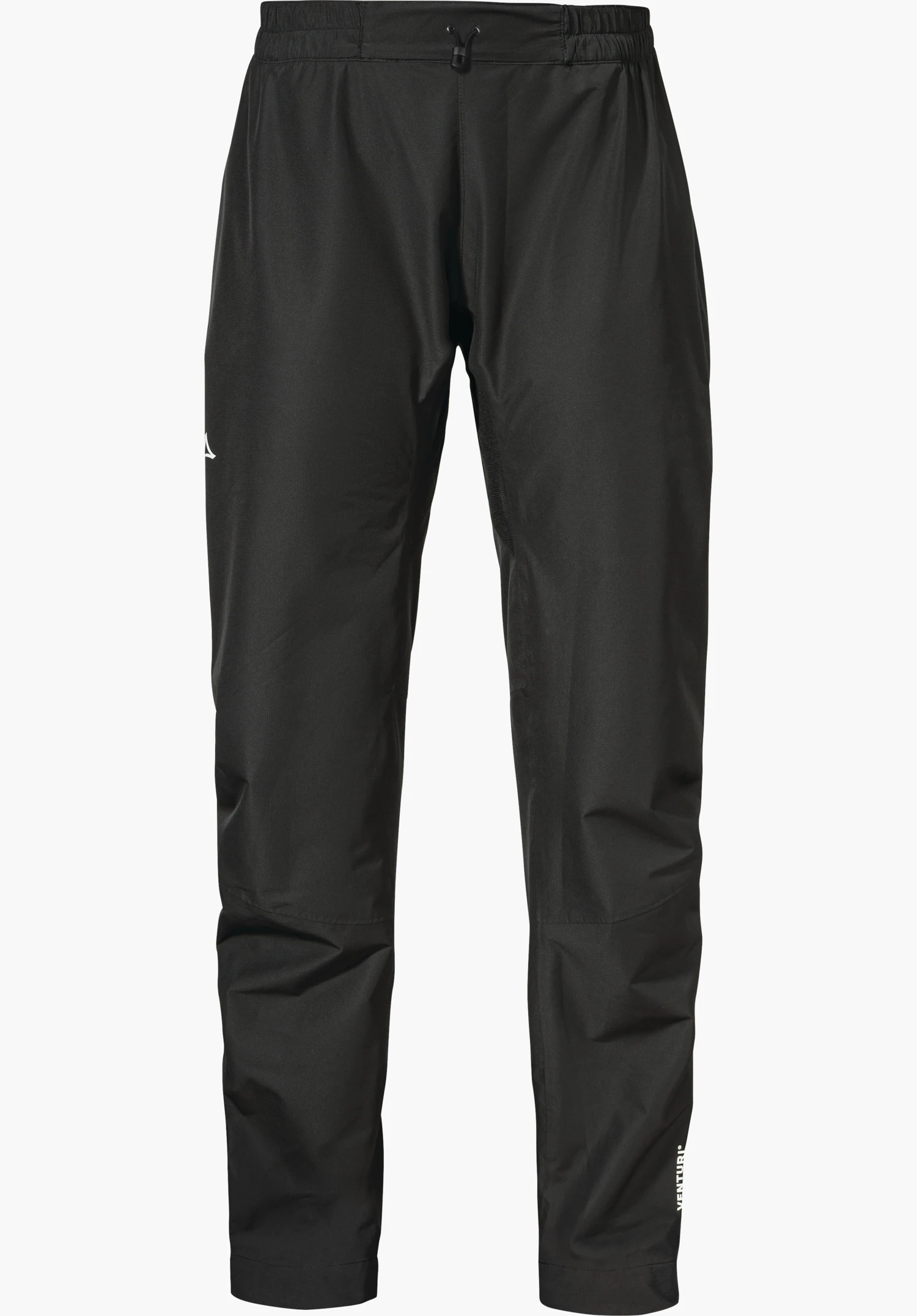 2.5L Pants Tarvis L black rain trousers, front hanging view, with Schöffel logo on the left thigh and “VENTURI” text on the right lower leg, on a white background.