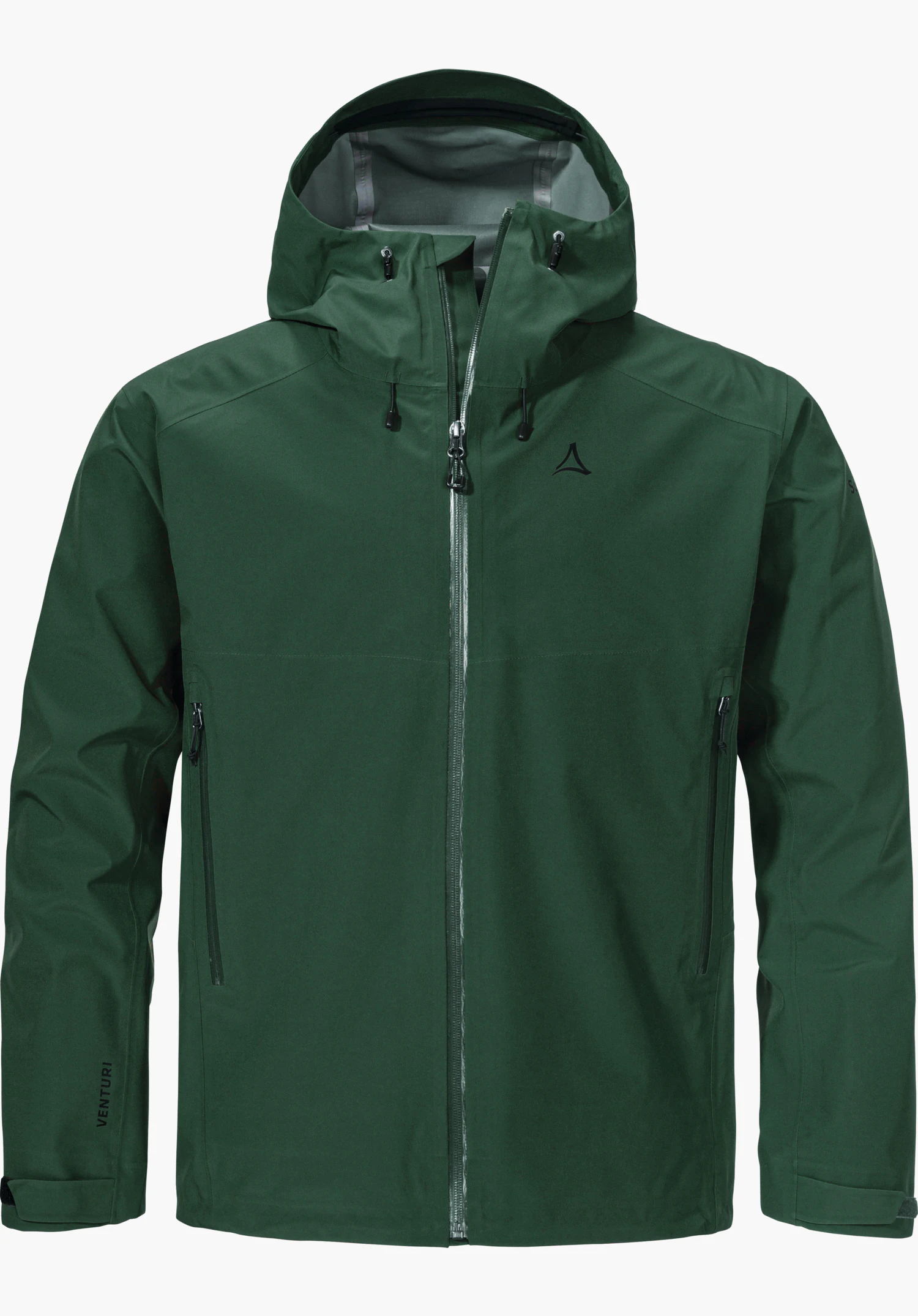 Jacket Style Cascata MNS Donkergroene multifunctionele jas, frontaal gepresenteerd met capuchon en ritssluiting; driehoekig Schöffel-logo op de borst; opschrift “VENTURI” (rechter mouw), “Schöffel” (linker mouw); witte achtergrond.