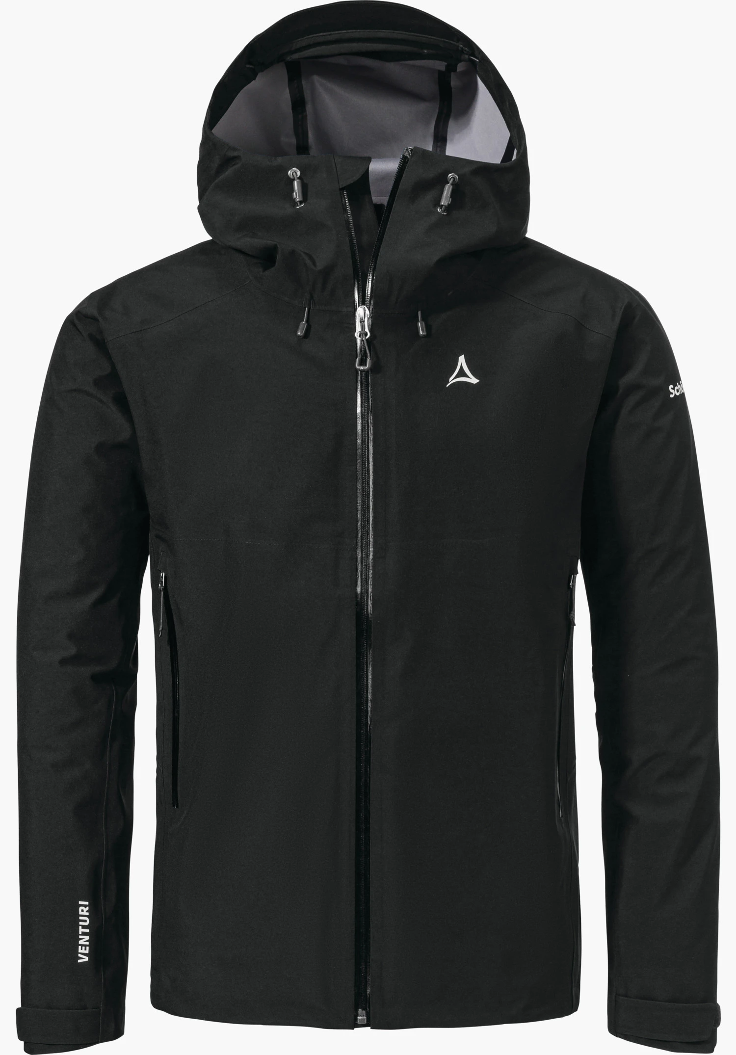 Jacket Style Cascata MNS veste multifonction noire, présentée de face avec capuche et fermeture éclair; logo Schöffel triangulaire sur la poitrine; inscriptions « VENTURI » (manche droite) et « Schöffel » (manche gauche); fond blanc.