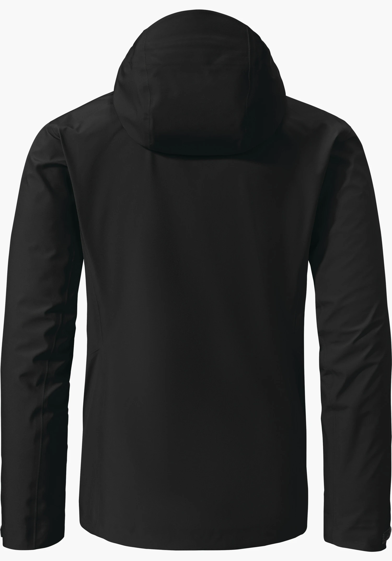 Jacket Style Cascata MNS Veste noire à capuche, vue de dos; capuche en place, manches tombant librement; matière lisse sur fond clair neutre.