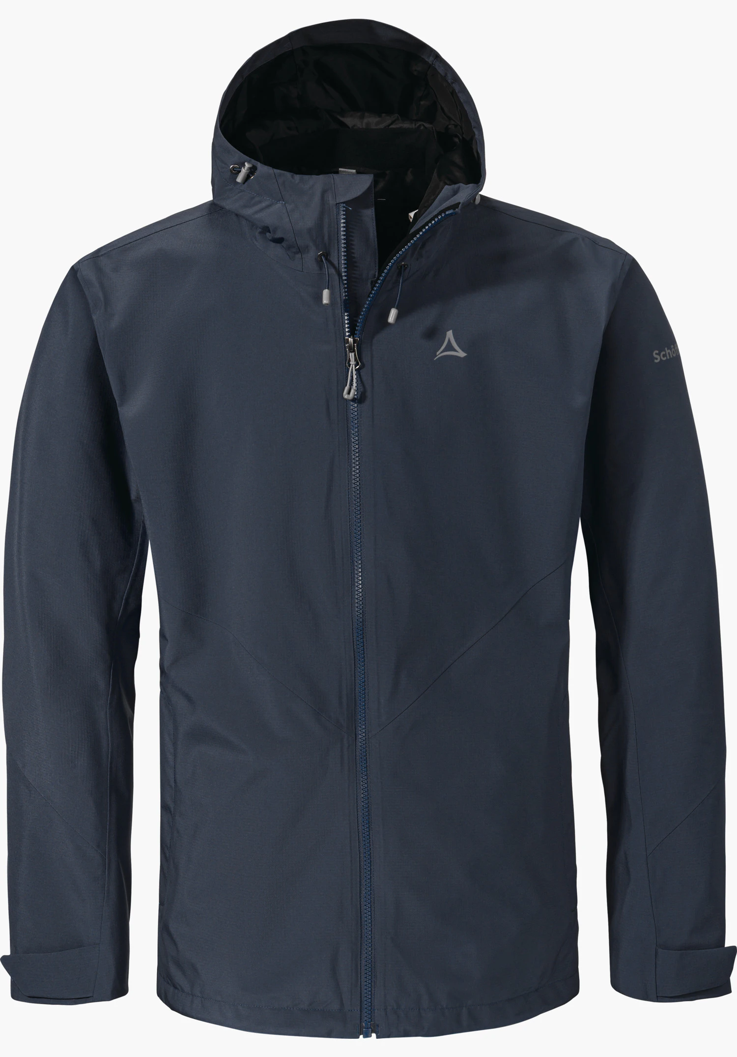 Jacket Style Yew MNS Dunkelblaue Wanderjacke mit Kapuze, Reißverschluss geschlossen; Schöffel-Logo auf der Brust. Freigestellt vor weißem Hintergrund. Schriftzug: "Schöffel".
