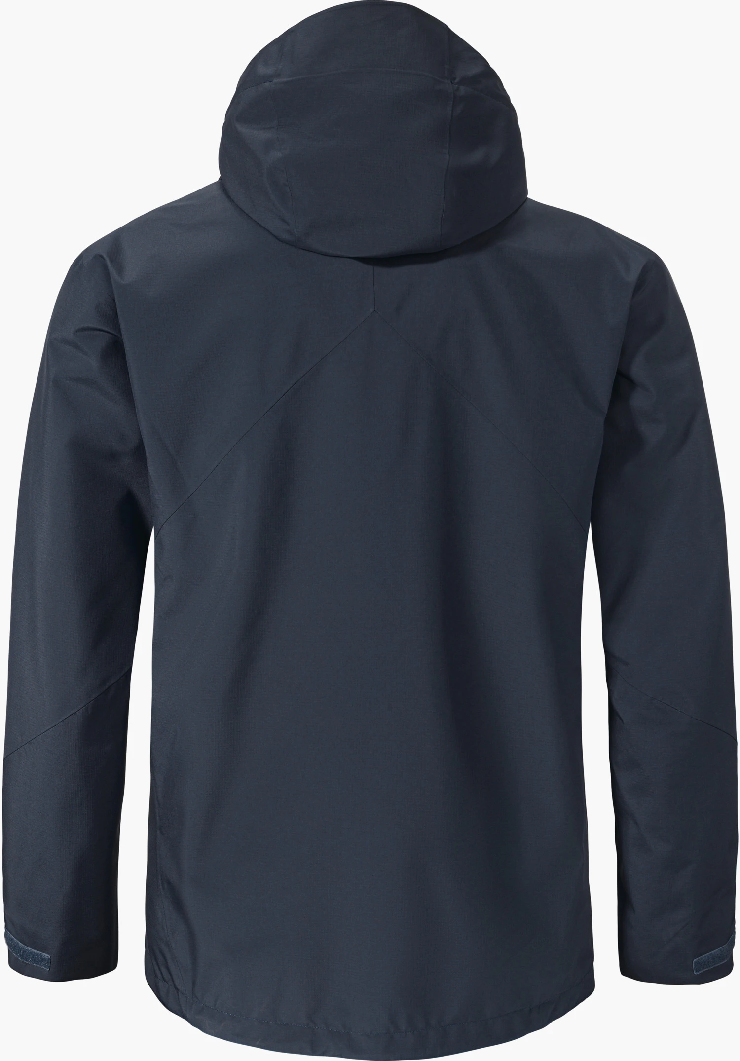 Jacket Style Yew MNS Veste de pluie bleu foncé, vue de dos; capuche fixée, bras sur les côtés, surface lisse avec coutures visibles, sur fond blanc simple, poignets à velcro.