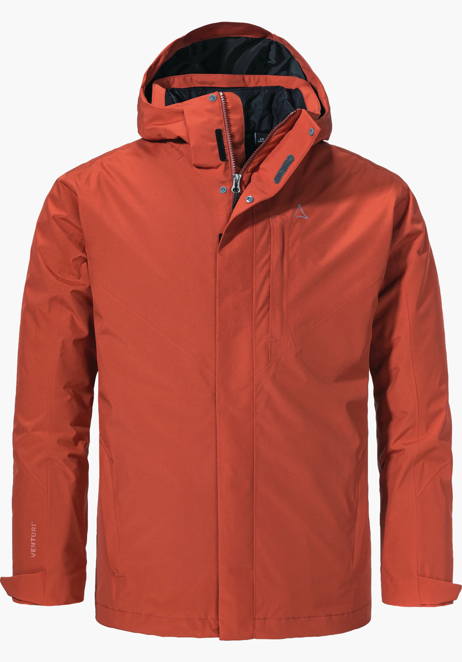 3in1 Jacket Style Tamina MNS Rote Multifunktionsjacke, frontal präsentiert, mit gefütterter Kapuze und verdecktem Reißverschluss, vertikale Brusttasche sichtbar; Schöffel-Logo auf der Brust; Ärmelaufdruck: "VENTURI". Weißer Hintergrund.