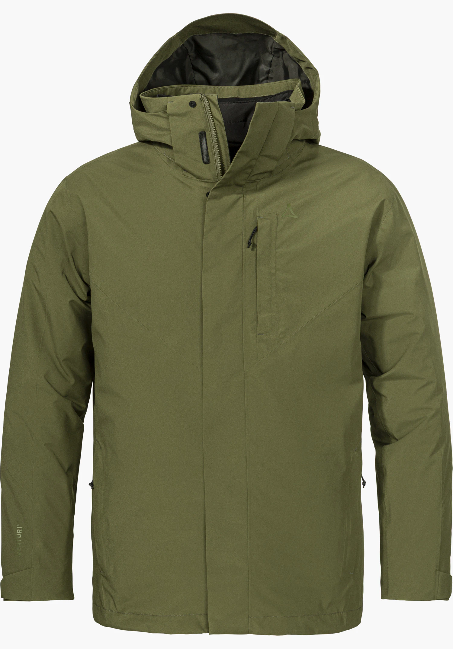 3in1 Jacket Style Tamina MNS in grüner Farbe mit Kapuze und Schöffel-Logo in Frontansicht freigestellt vor weißem Hintergrund.