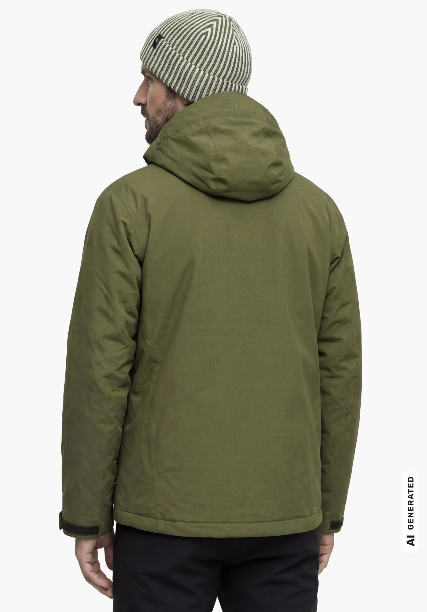 3in1 Jacket Style Tamina MNS in green, worn by a male model standing upright and shown from the back with a hood against a white background. (AI-generated)