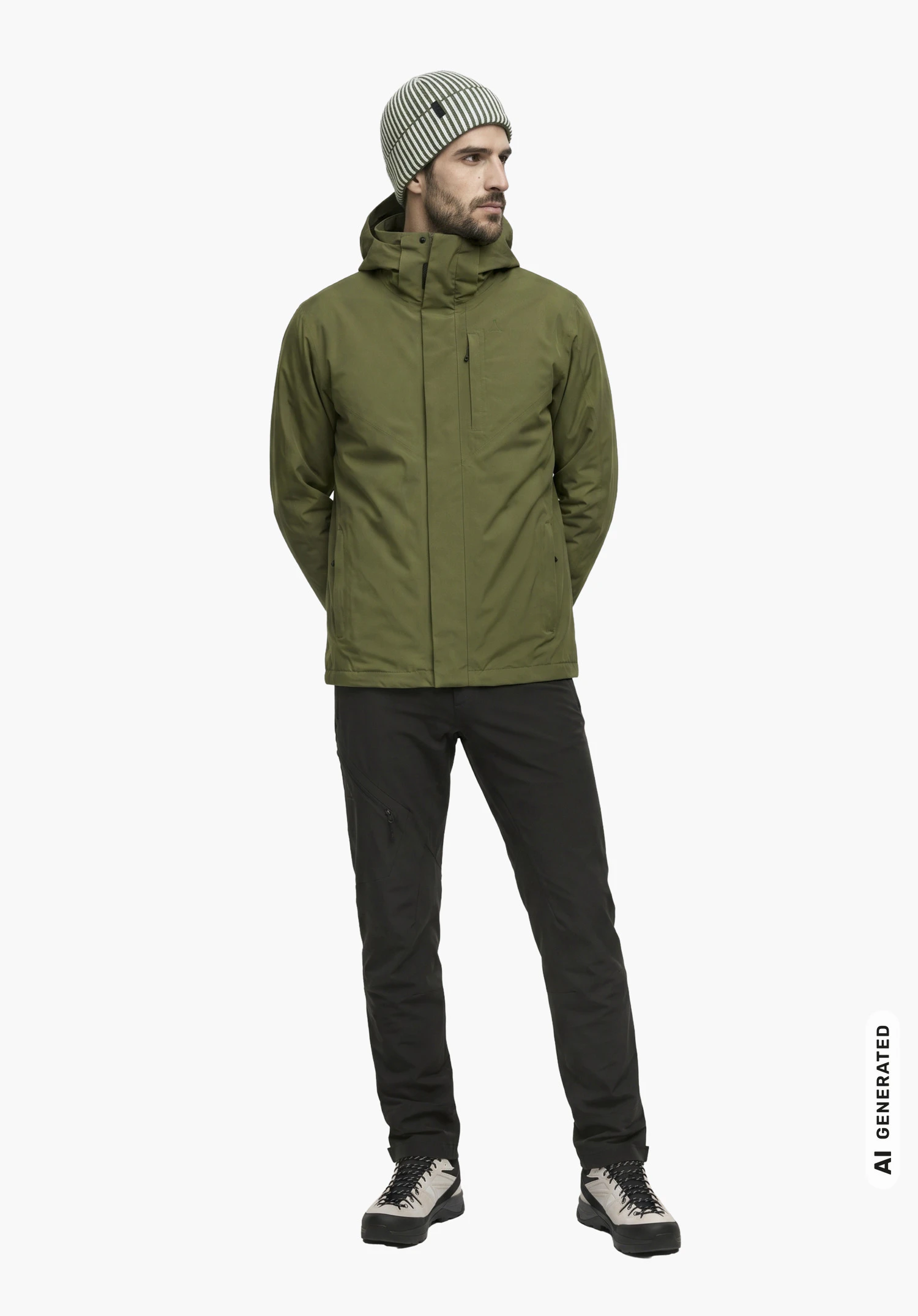 3in1 Jacket Style Tamina MNS in green with Schöffel lettering on the chest, worn by a male model standing upright in a side view with hands crossed behind his back against a white background. (AI-generated)