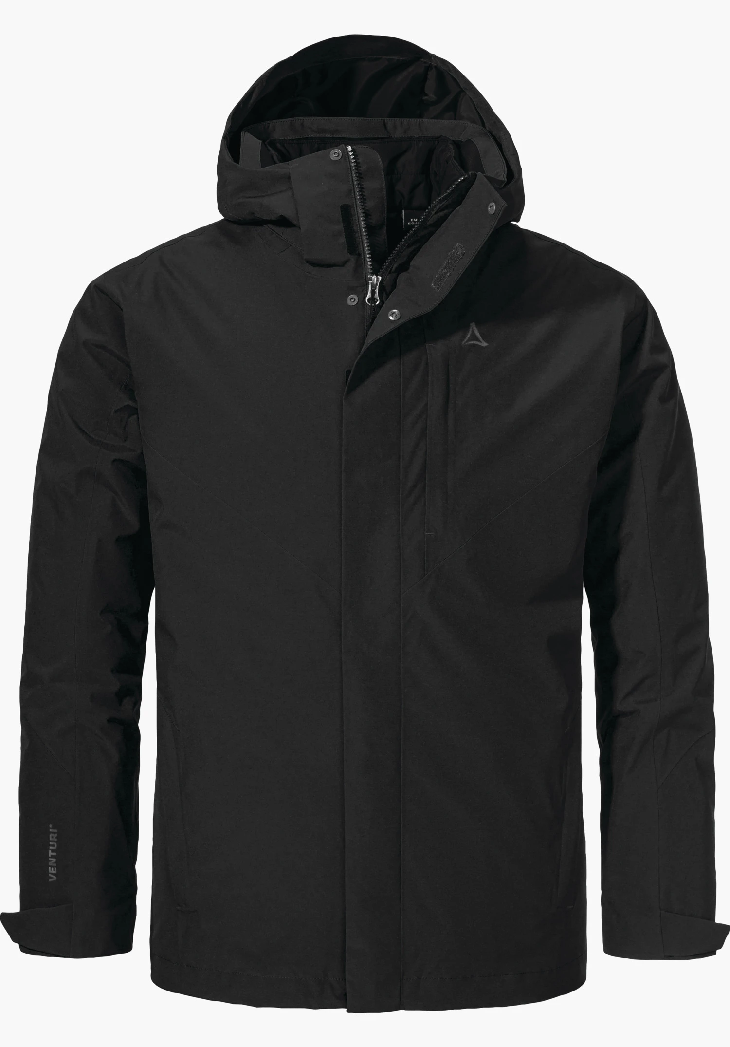 3in1 Jacket Style Tamina MNS Schwarze Multifunktionsjacke, frontal präsentiert, mit gefütterter Kapuze und verdecktem Reißverschluss, vertikale Brusttasche sichtbar; Schöffel-Logo auf der Brust; Ärmelaufdruck: "VENTURI". Weißer Hintergrund.