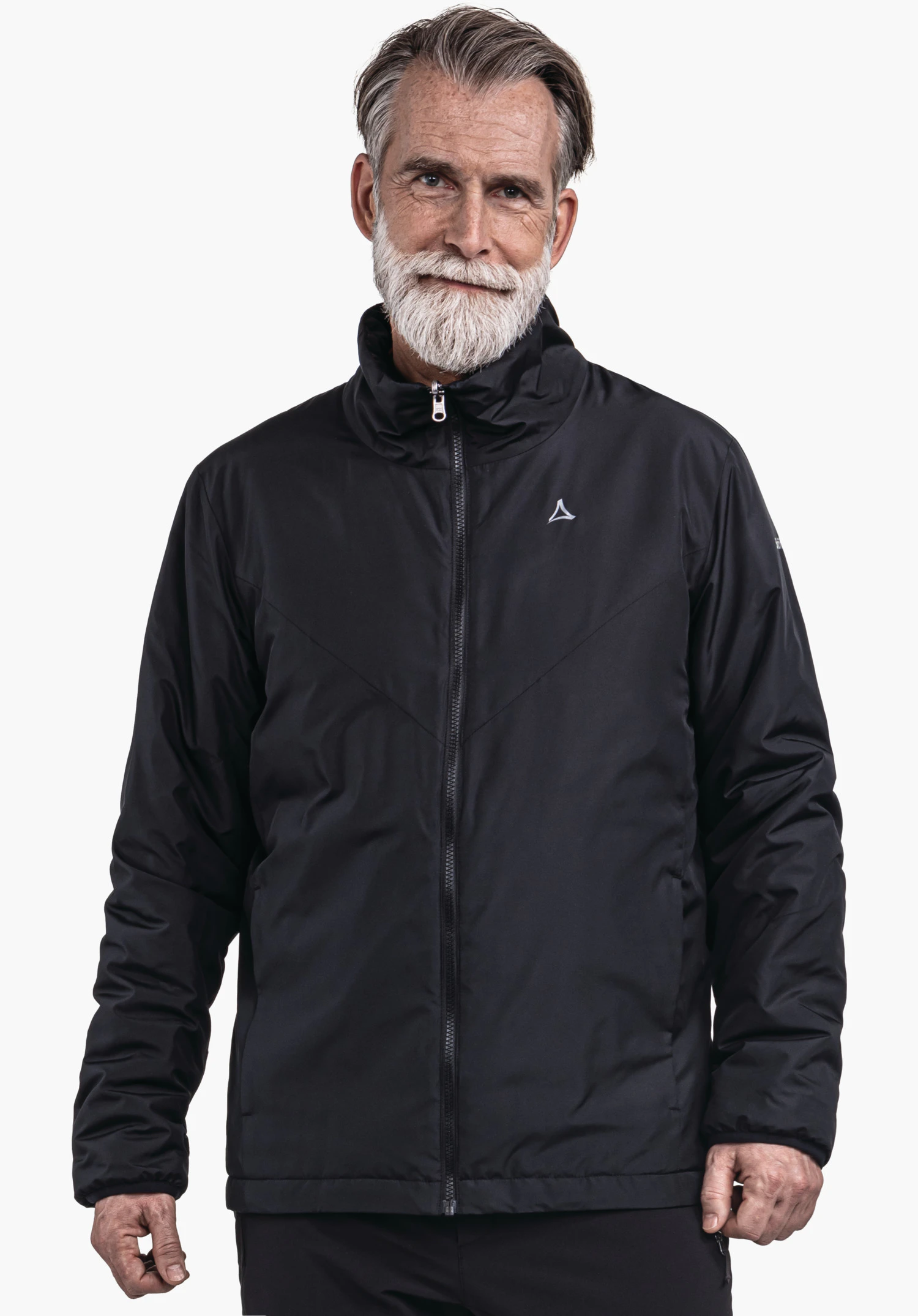 3in1 Jacket Style Tamina MNS black jacket with zipper, worn by an older man; Schöffel logo on the left chest; white beard, grey hair; neutral white background.