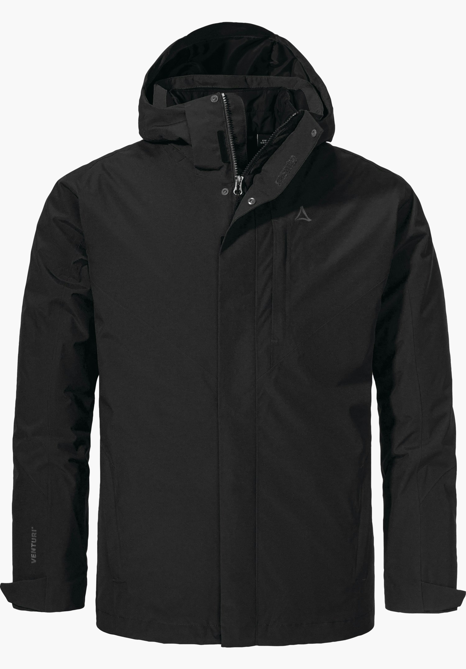 3in1 Jacket Style Tamina MNS Schwarze Multifunktionsjacke, frontal präsentiert, mit gefütterter Kapuze und verdecktem Reißverschluss, vertikale Brusttasche sichtbar; Schöffel-Logo auf der Brust; Ärmelaufdruck: "VENTURI". Weißer Hintergrund.
