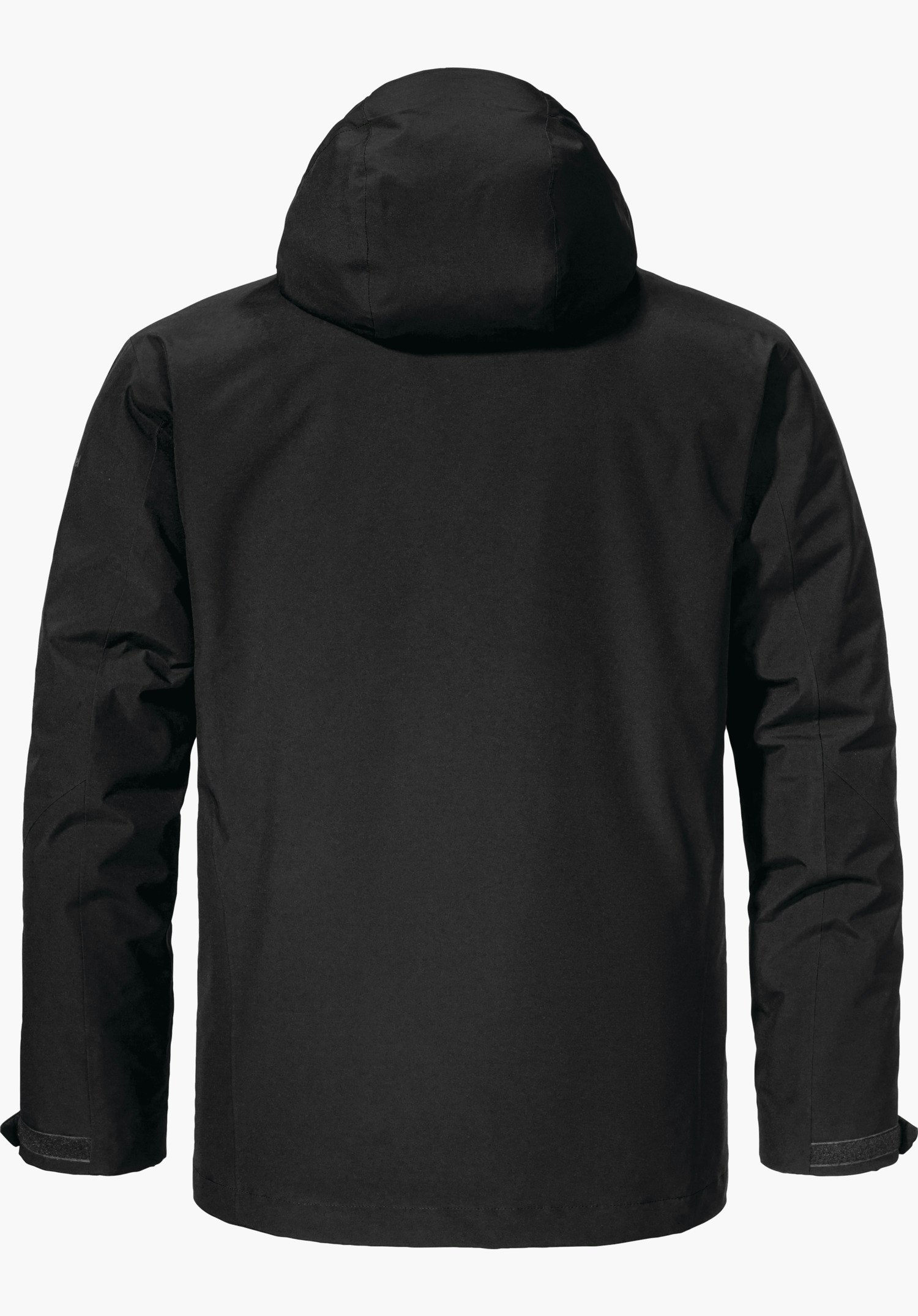 3in1 Jacket Style Tamina MNS Schwarzer Parka mit Kapuze, Rückansicht; zeigt Jackenrücken und lange Ärmel, verstellbare Ärmelbündchen und glatte wetterfeste Oberfläche vor weißem Hintergrund.