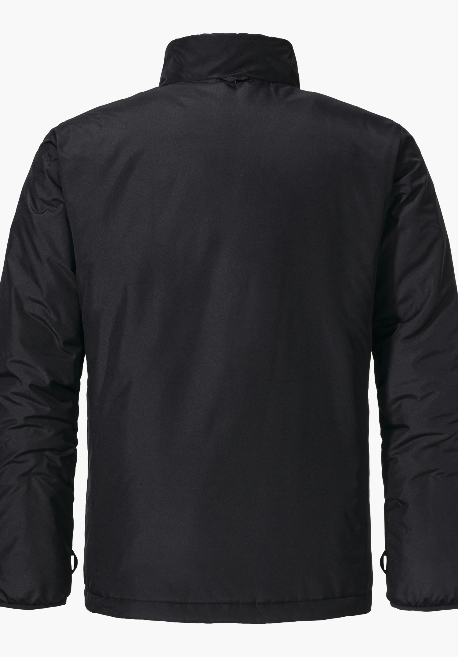 3in1 Jacket Style Tamina MNS Jacke, Rückansicht, liegt glatt, Ärmel leicht gerafft, hoher Stehkragen, glatte dunkelschwarze Oberfläche vor neutralem weißen Hintergrund.