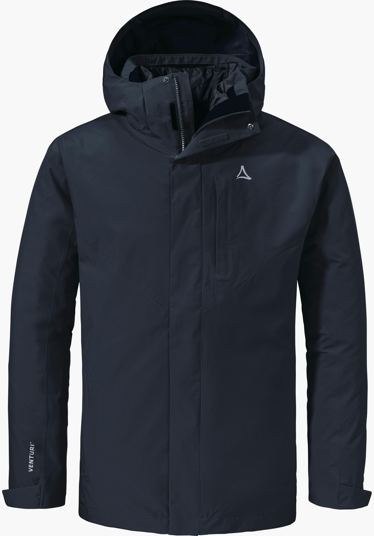 3in1 Jacket Style Tamina MNS Dunkelblaue Multifunktionsjacke, frontal präsentiert, mit gefütterter Kapuze und verdecktem Reißverschluss, vertikale Brusttasche sichtbar; Schöffel-Logo auf der Brust; Ärmelaufdruck: "VENTURI". Weißer Hintergrund.