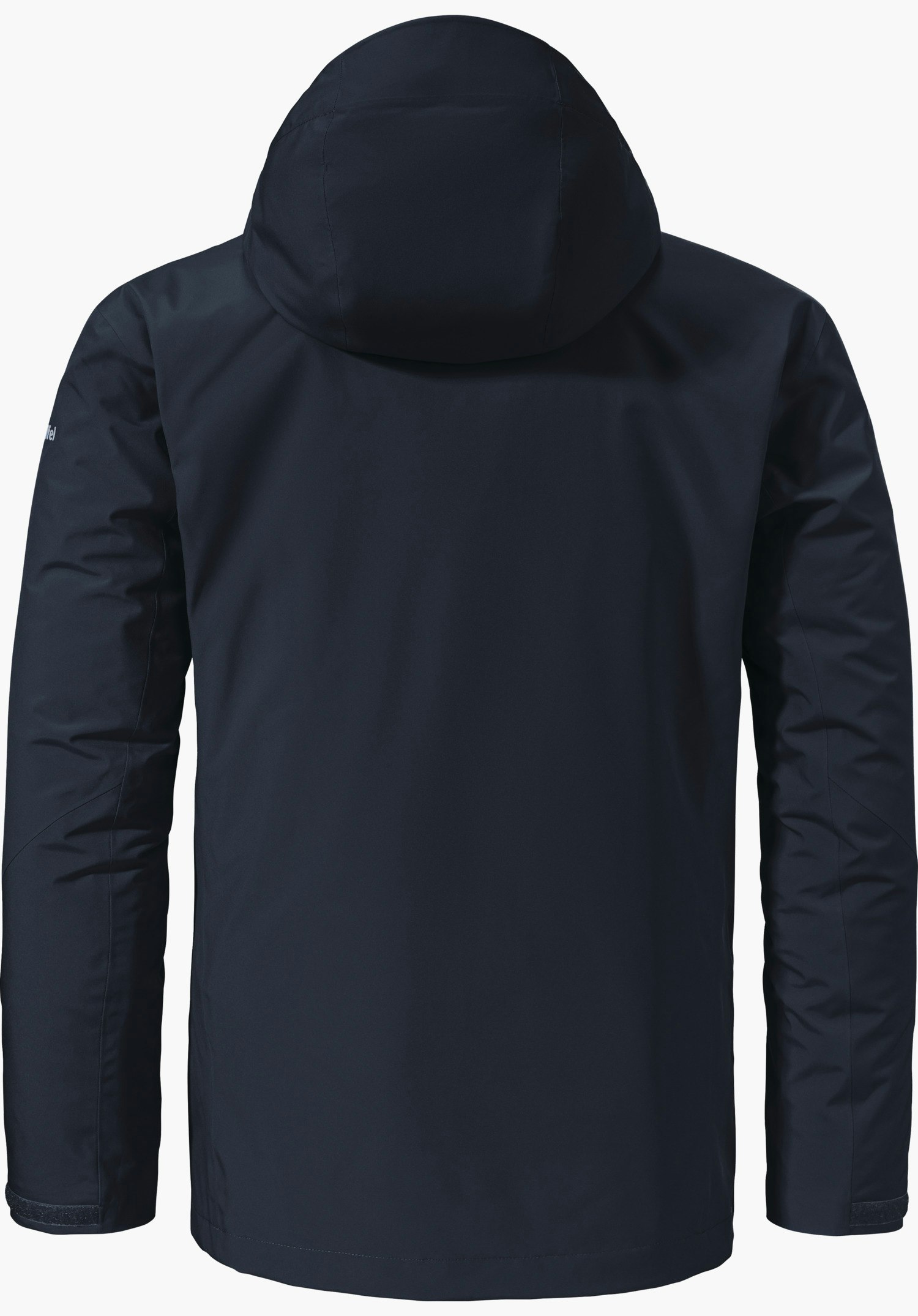 3in1 Jacket Style Tamina MNS dunkelblaue Jacke, Rückansicht, Kapuze aufgesetzt, Ärmel gesenkt; freigestellt vor weißem Hintergrund.